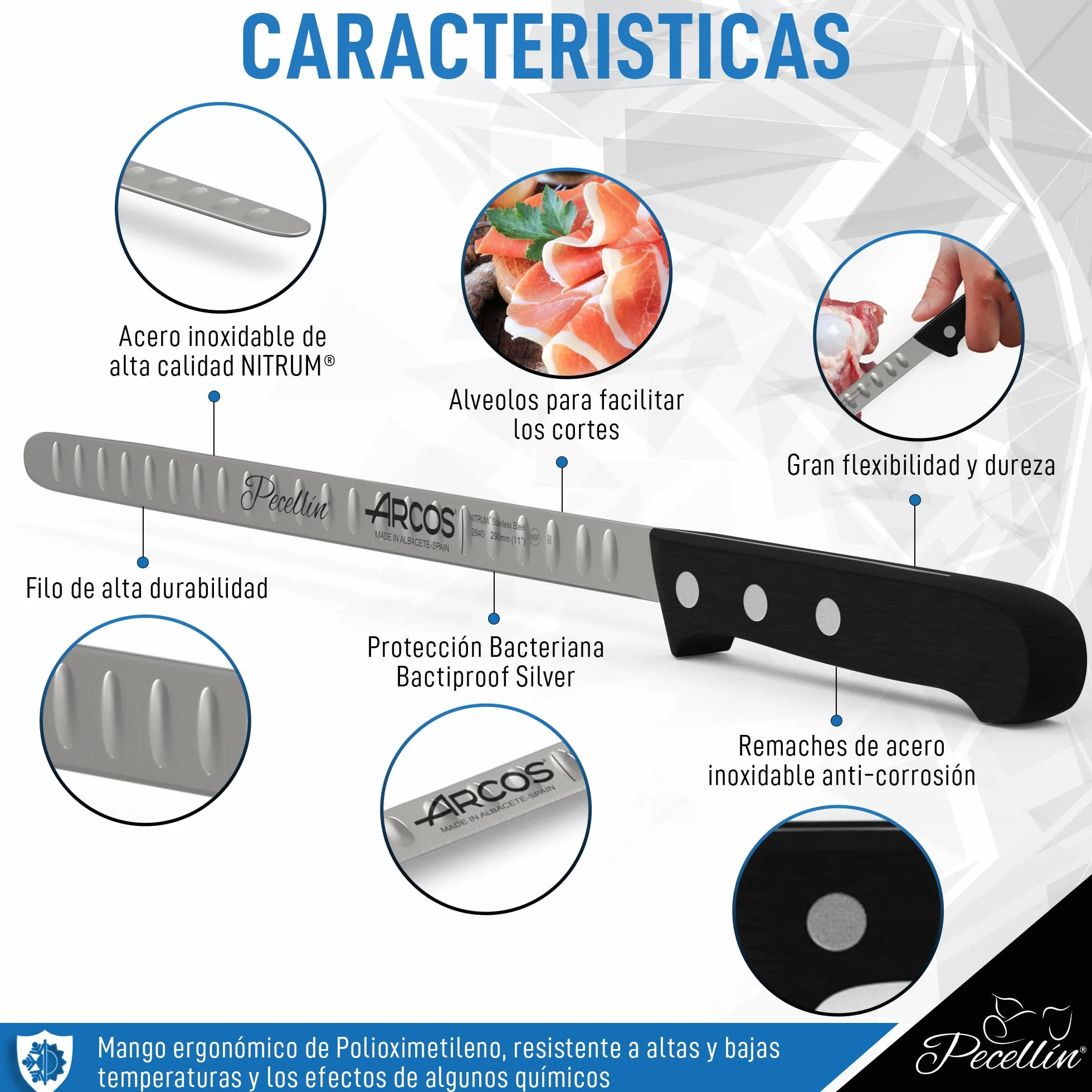 Cuchillo Jamonero Profesional con Alveolos de 29cm | Cuchillo Jamonero de Calidad de Hoja Flexible Acero Inoxidable NITRUM Proteccion Bacteriana para Patas de Jamón y Paletas