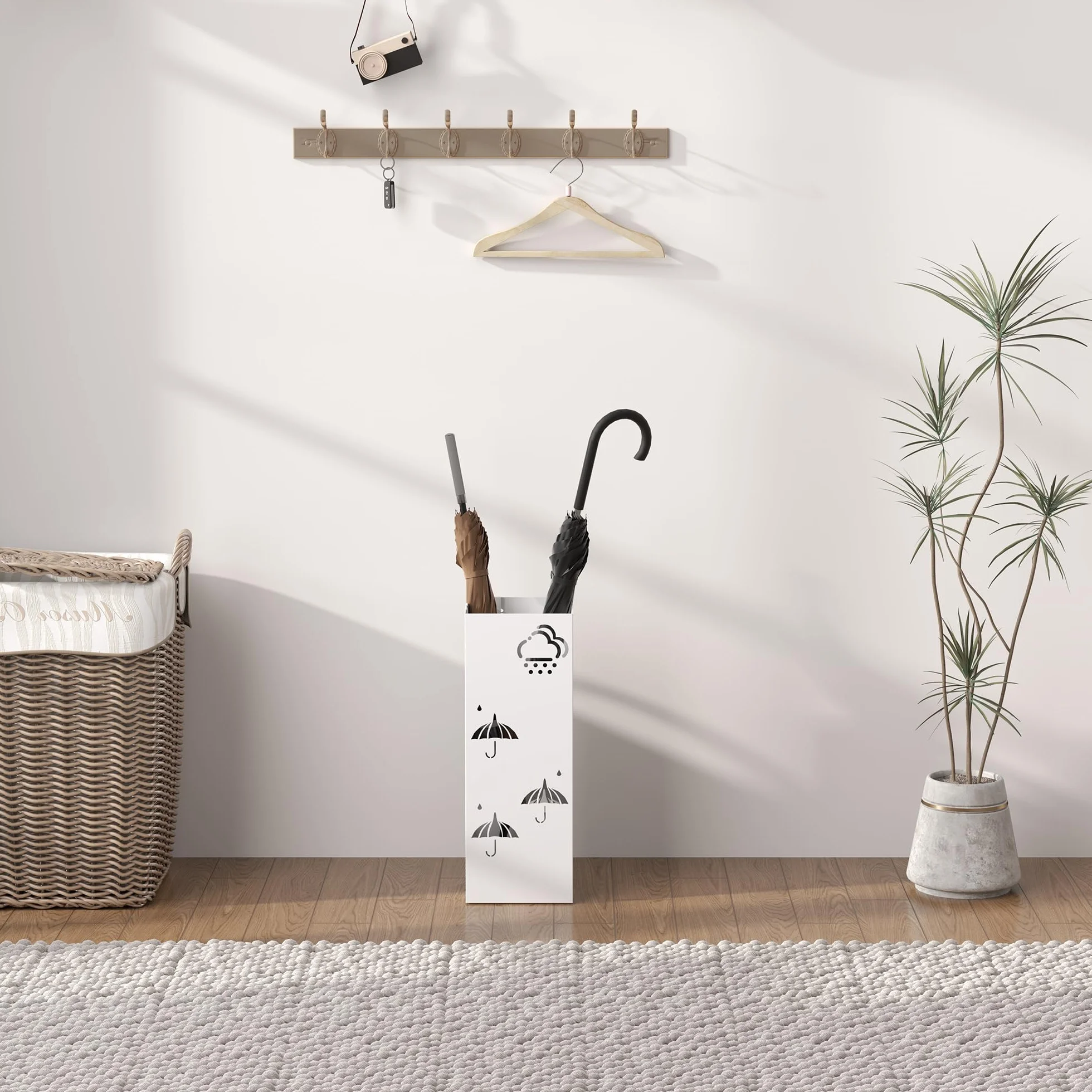 HOMCOM Paragüero de Acero Soporte Paraguas 4 Ganchos Bandeja Goteo Extraíble Blanco Entrada Oficina 15,5x15,5x41 cm