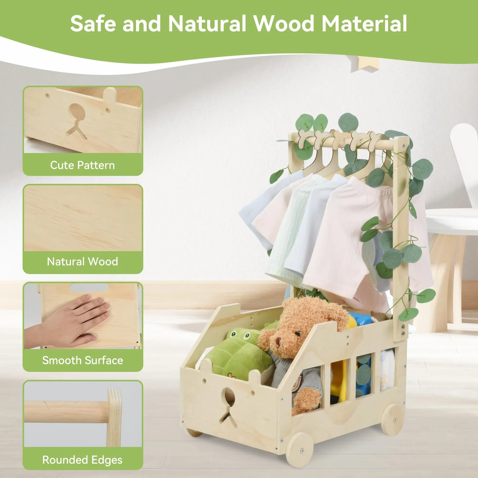 OTraki Cesta Organizadora Bebe de Madera con Ruedas, 5 Perchas para Baby Shower