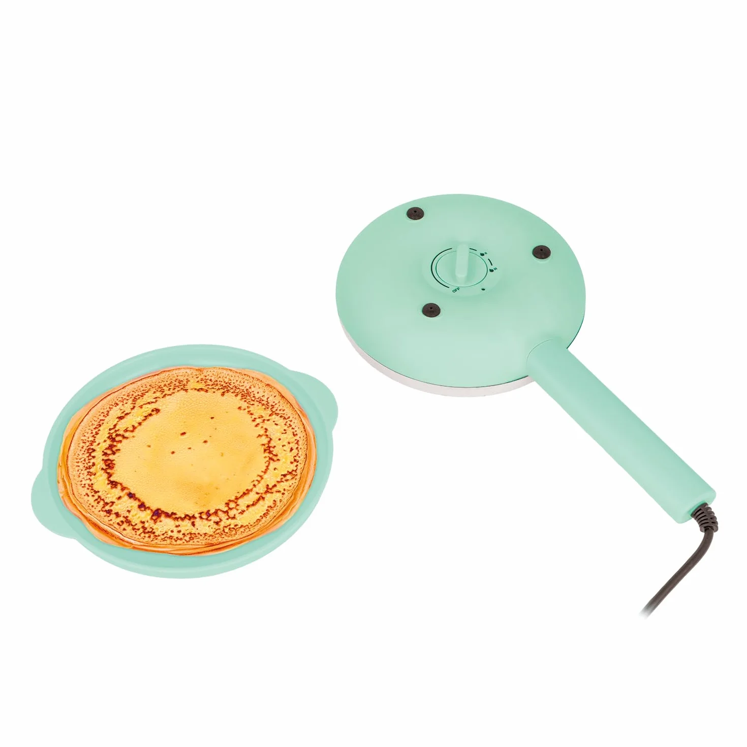 Jocca - Crepera eléctrica 21 cm | 3 niveles de temperatura | Placa antiadherente | Diseño compacto color turquesa | Mango frío | Sistema 2 en 1 tapa/plato | 600 W | Línea Sweet