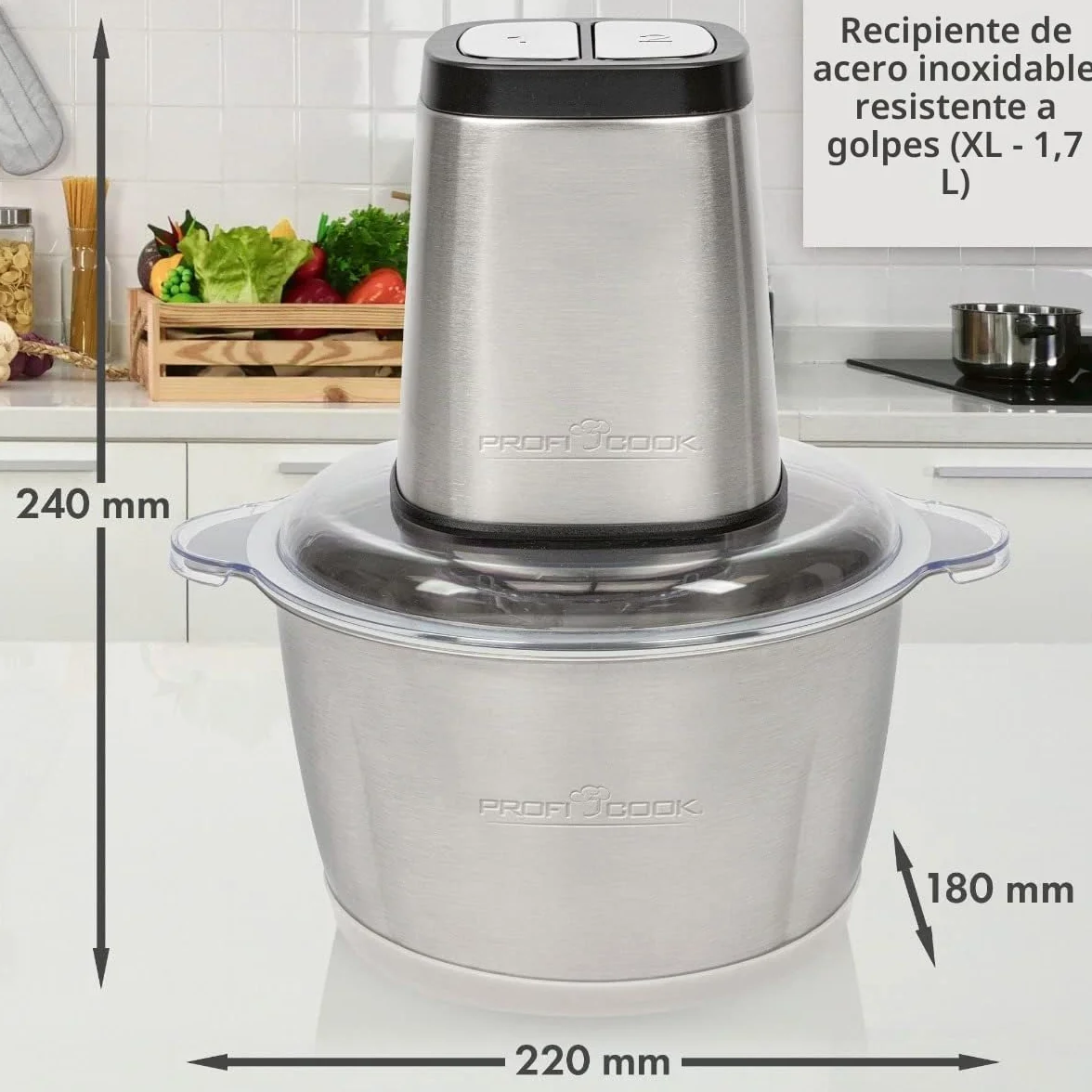 ProfiCook PC-MZ 1227 - Picadora eléctrica con función de trituración de hielo, cortador de verduras, recipiente de acero inoxidable de 1,7 l, cuchillo combinado para 2 o 4 cuchillas