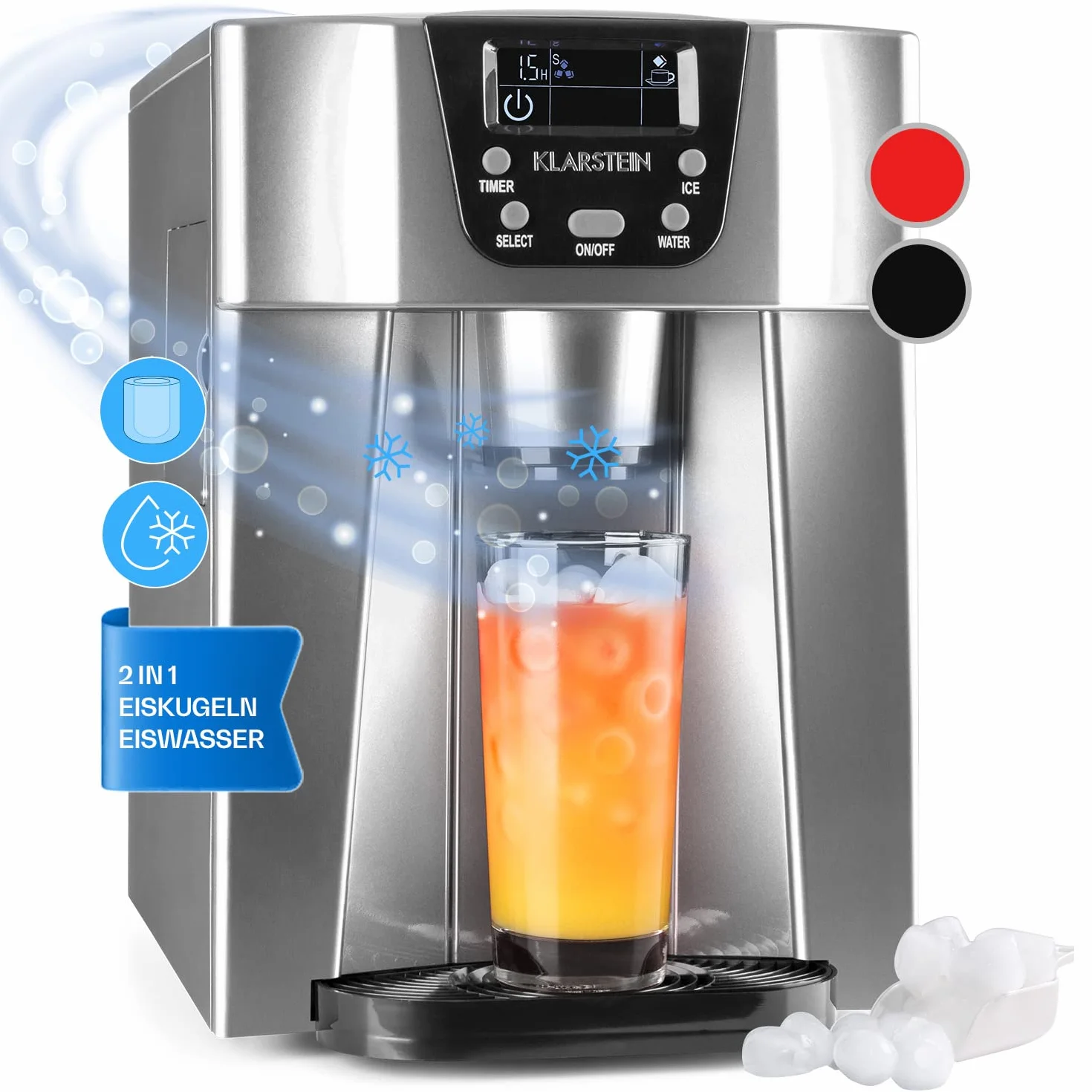 Klarstein Maquina de Hielo para Casa 2L, Ice Maker Encimera 12 kg, Maquina para Hacer Cubitos de Hielo Grandes para Casa con Panel Táctil y Sistema Auto Limpieza, Función Extra Rápida