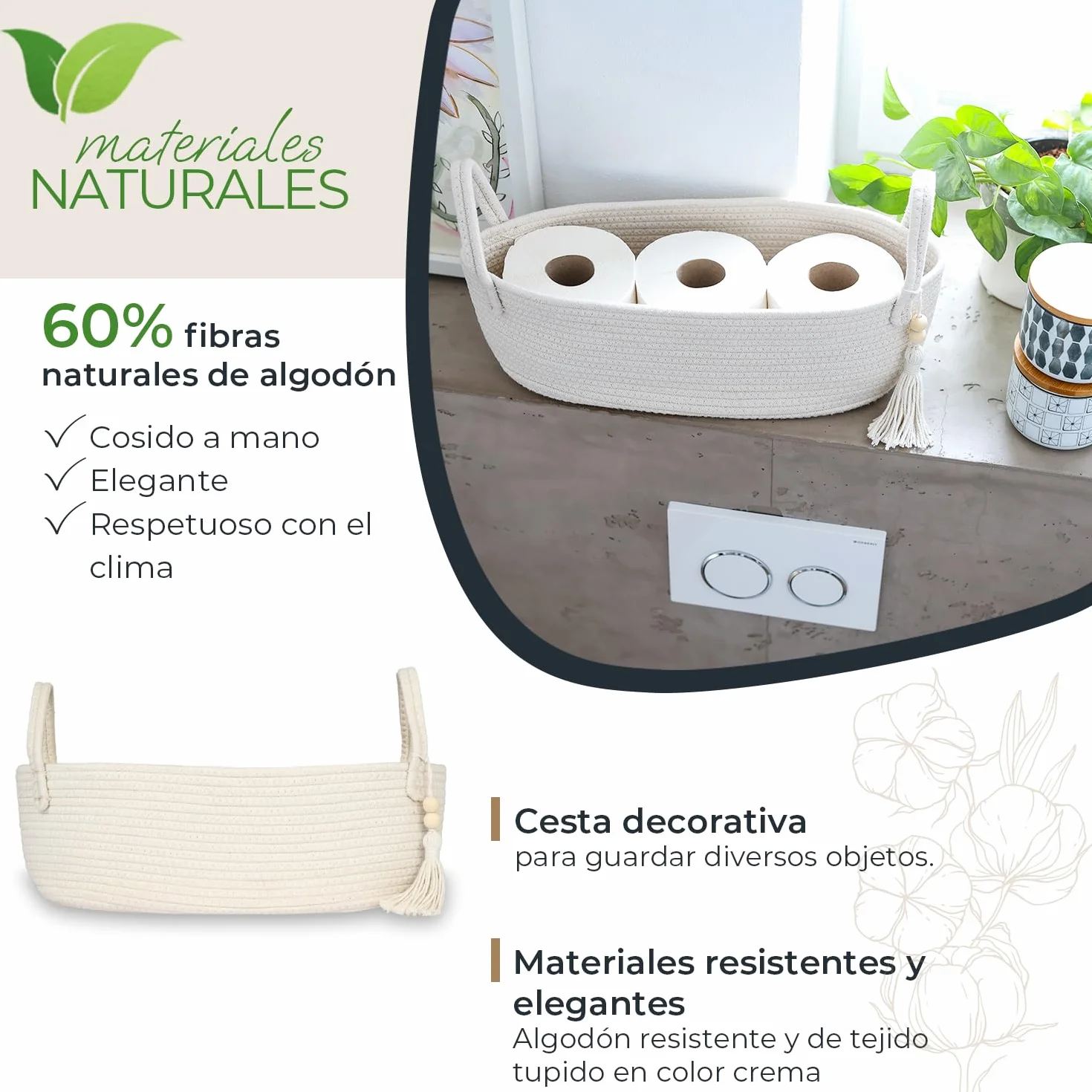 HMF Cesta de almacenamiento para baño, cesta para papel higiénico de algodón, 38,5 x 15,5 x 14 cm, color crema