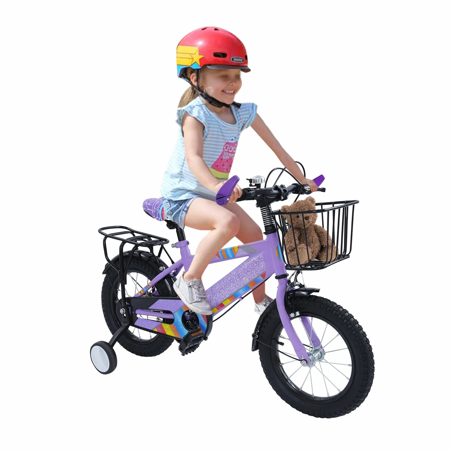 Bicicleta infantil 14 pulgadas con asiento trasero y cesta, ruedas estabilizadoras, altura regulable, acero resistente