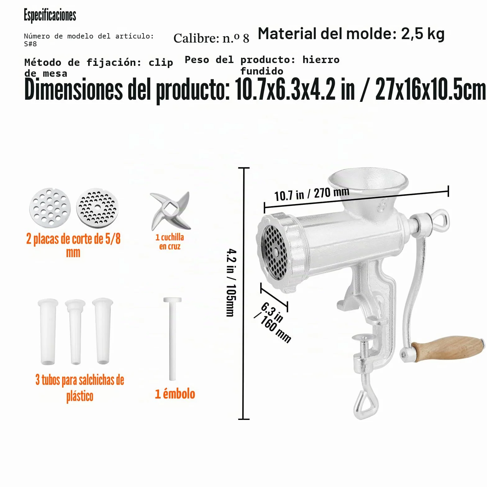 VEVOR Picadora de Carne Manual de Hierro Fundido Picadora Manual de Manivela 2 Placas de Picado de 5 y 8 mm Empujador de Salchichas Fijación Firme Mediante Abrazadera para Carnicería a Domicilio