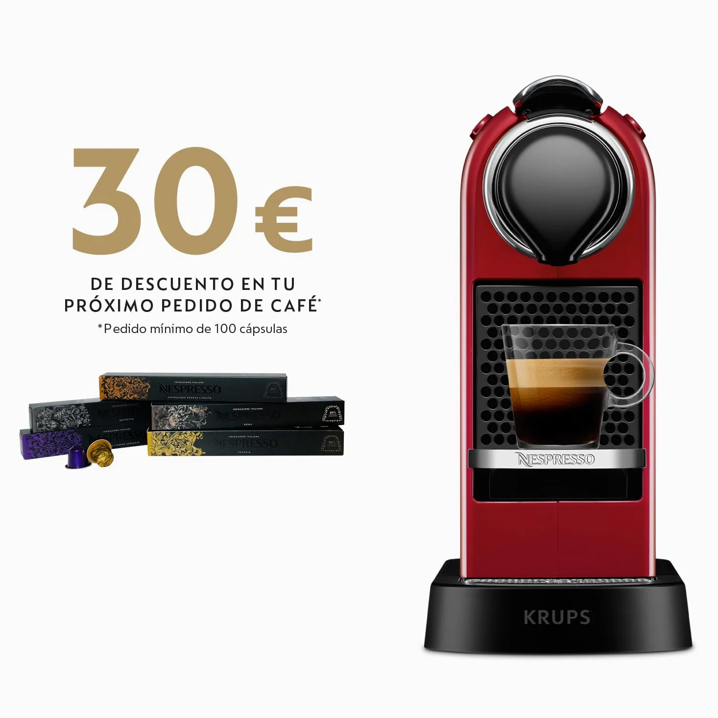 Krups Nespresso Citiz & Milk XN7615 - Cafetera de cápsulas monodosis, con 19 bares de presión, thermoblock, capacidad 1L, función automática, con Aeroccino, color Rojo, incluye pack de bienvenida