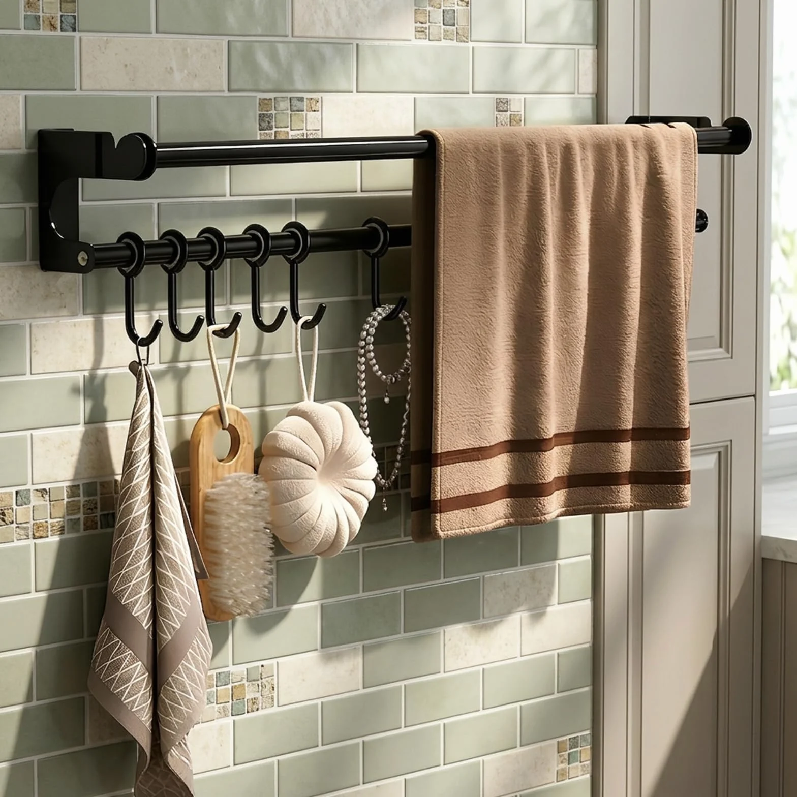 PARFCO Barra Cocina Colgar Utensilios 50 cm, Barra Colgante de Cocina Negra con 8 Ganchos Extraíbles, Porta Utensilios de Cocina, para Espacio para Espátulas, Tablas y Cucharas