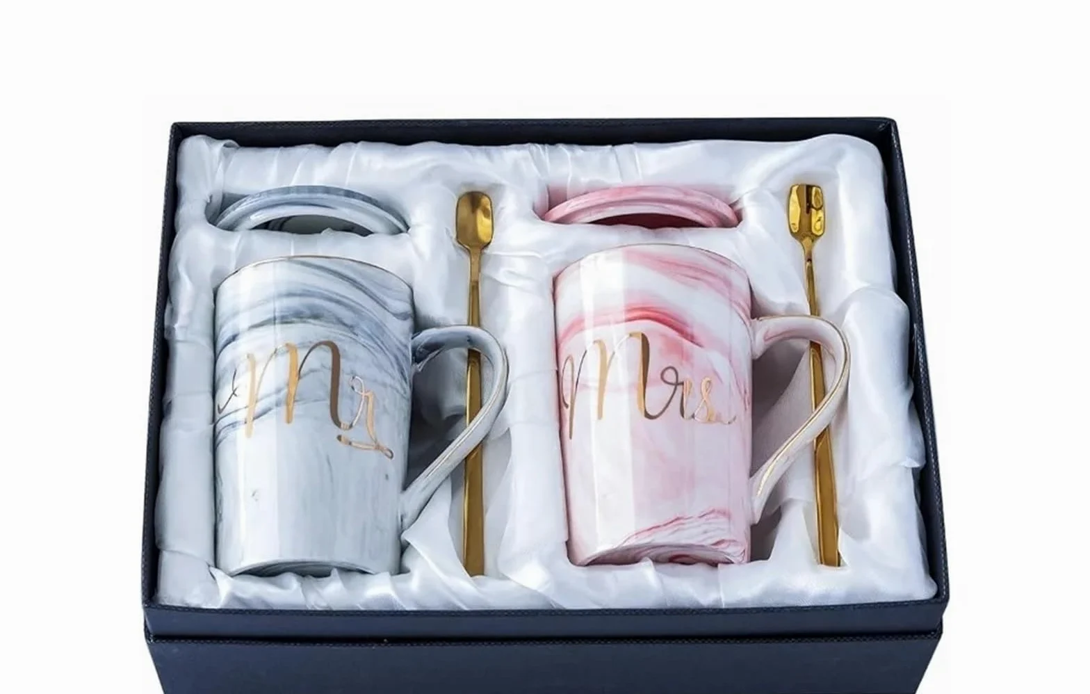 Taza de cerámica de mármol de 13,5 oz, juego de tazas de café Mr And Mrs for novia y novio, compromiso de aniversario de boda Para Boda(Pink Grey01)