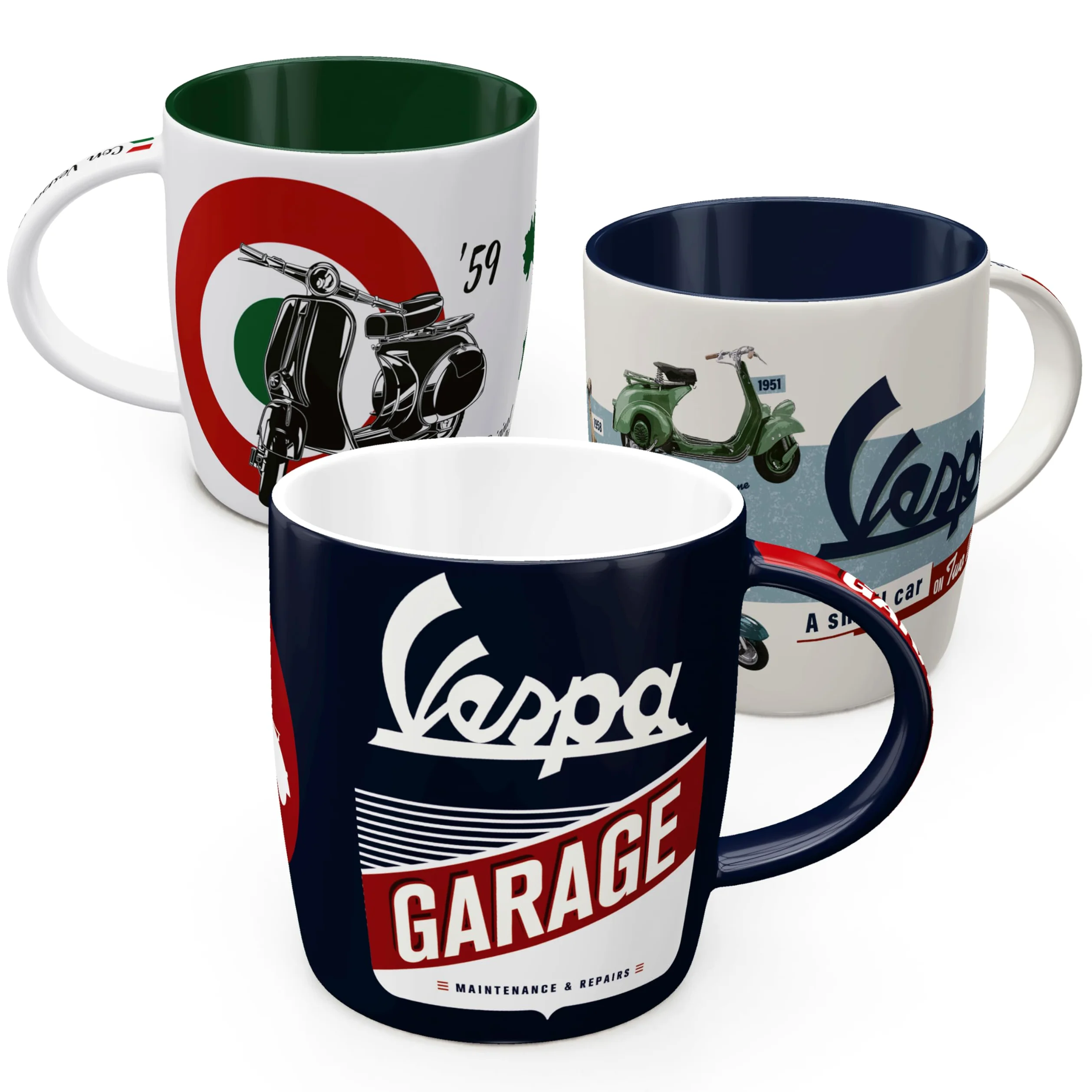 Nostalgic-Art Juego de 3 tazas de café retro de Vespa de 330 ml, idea de regalo para los amantes de los scooters, taza de cerámica, diseño vintage