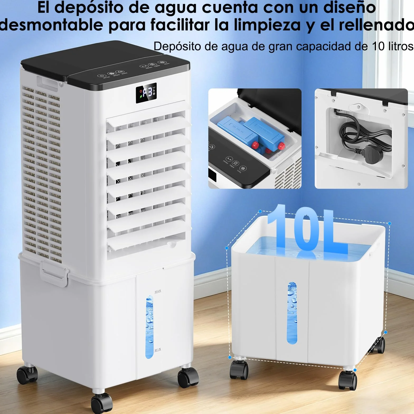 Aire Acondicionado Portátil 10L, Enfriador de Aire Evaporativo 4 en 1, Climatizador con 4 Modos y 3 Velocidades, Temporizador 1-12H,120°Oscilación Automática y para Hogar y Oficina（Blanco Mate）