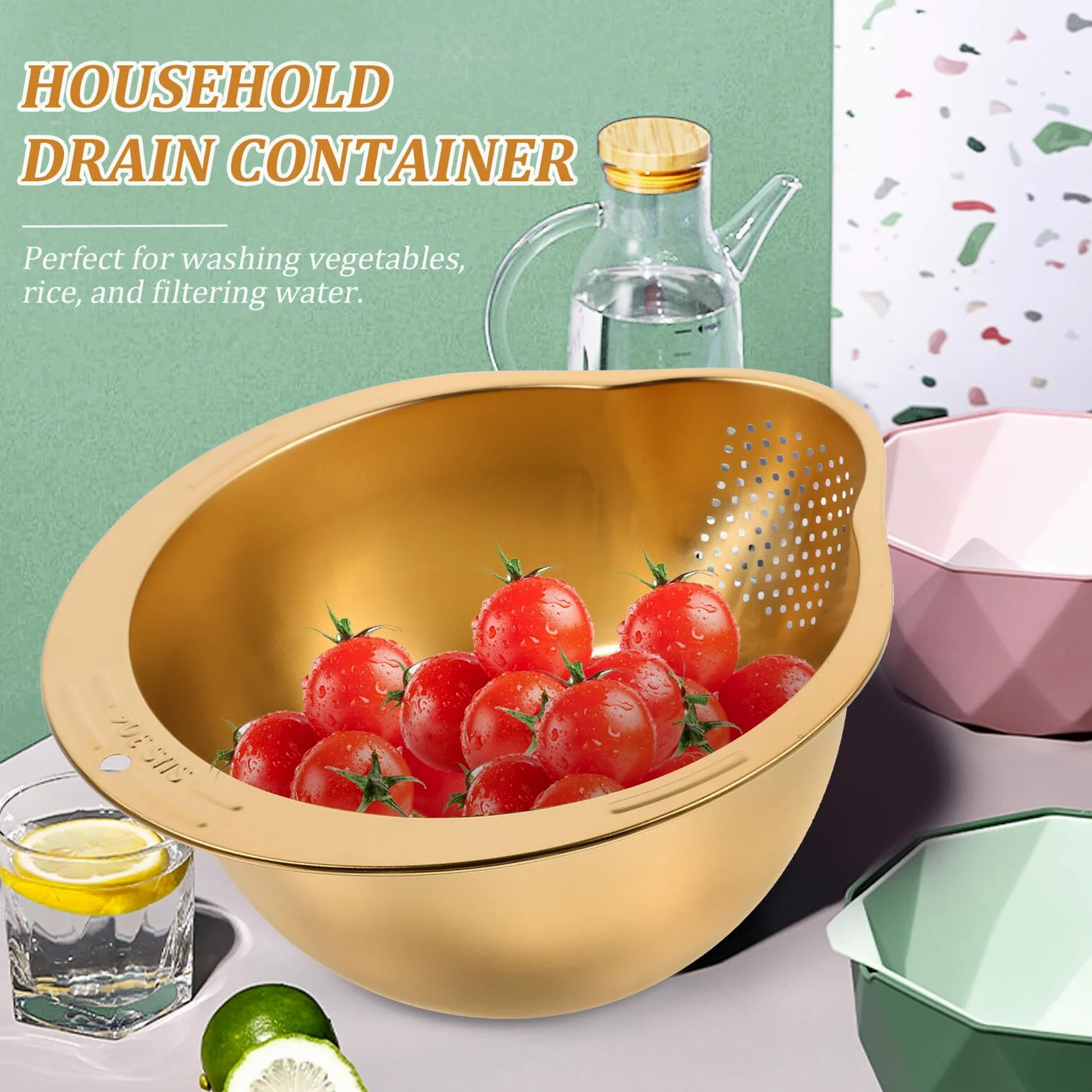 Cesta de Lavado de Acero Inoxidable Dorado para Cocina, Multiusos | Malla Fina, Enjuague de Arroz y Verduras, Superficie Lisa, Elimina Impurezas y Sedimentos, Uso Diario