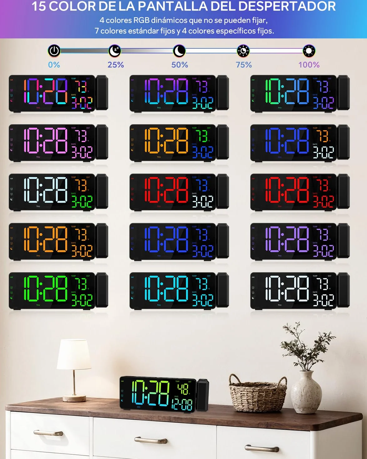 Despertador de Proyección Reloj Digital LED con Proyección para Dormitorio con Gran Pantalla Proyector 180°Cargador Puerto USB 12/24H DST Snooze Iluminación Ambiental RGB 2 Alarma Temperatura Fecha