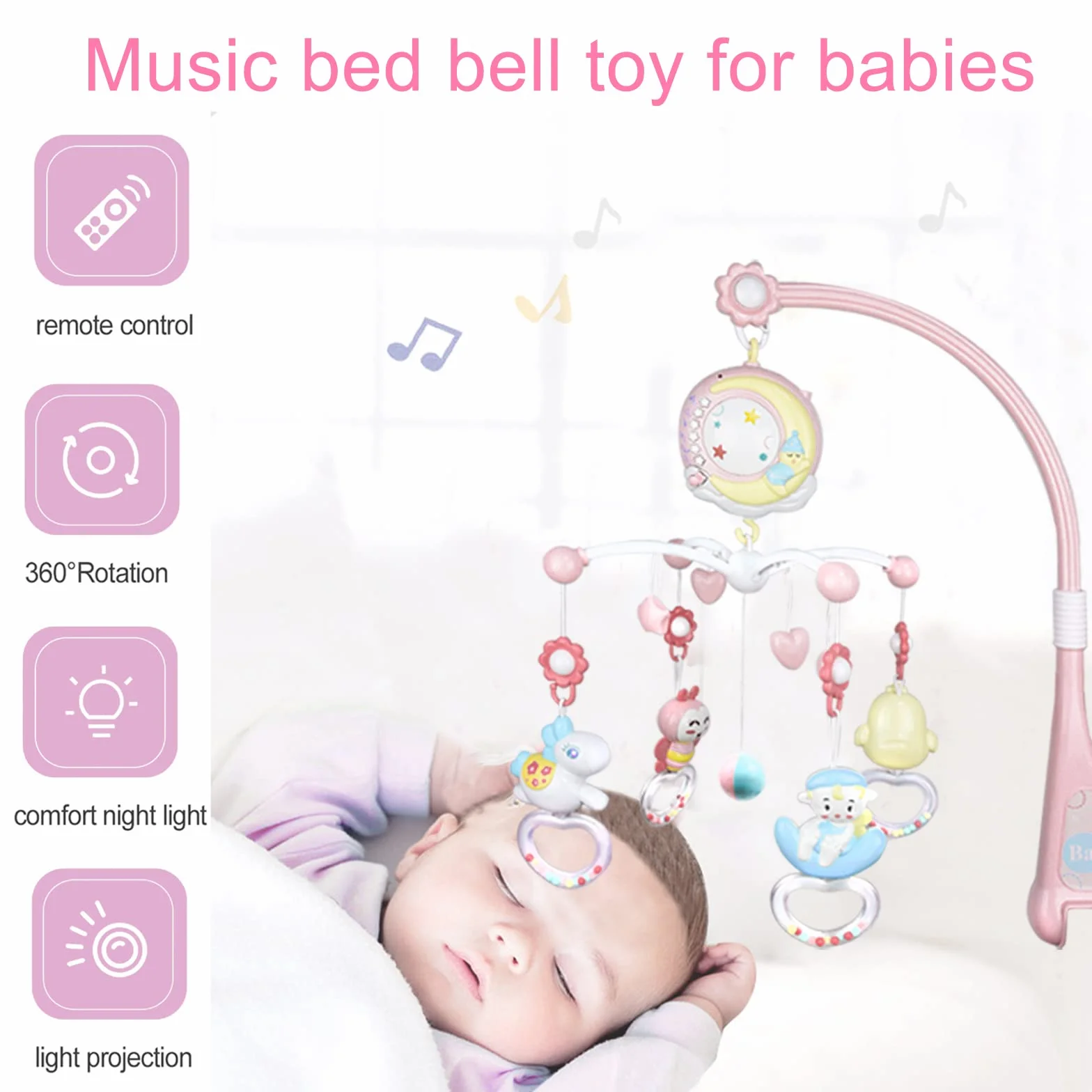 Móvil musical para cuna con sonajeros giratorios 360° y luces para recién nacido