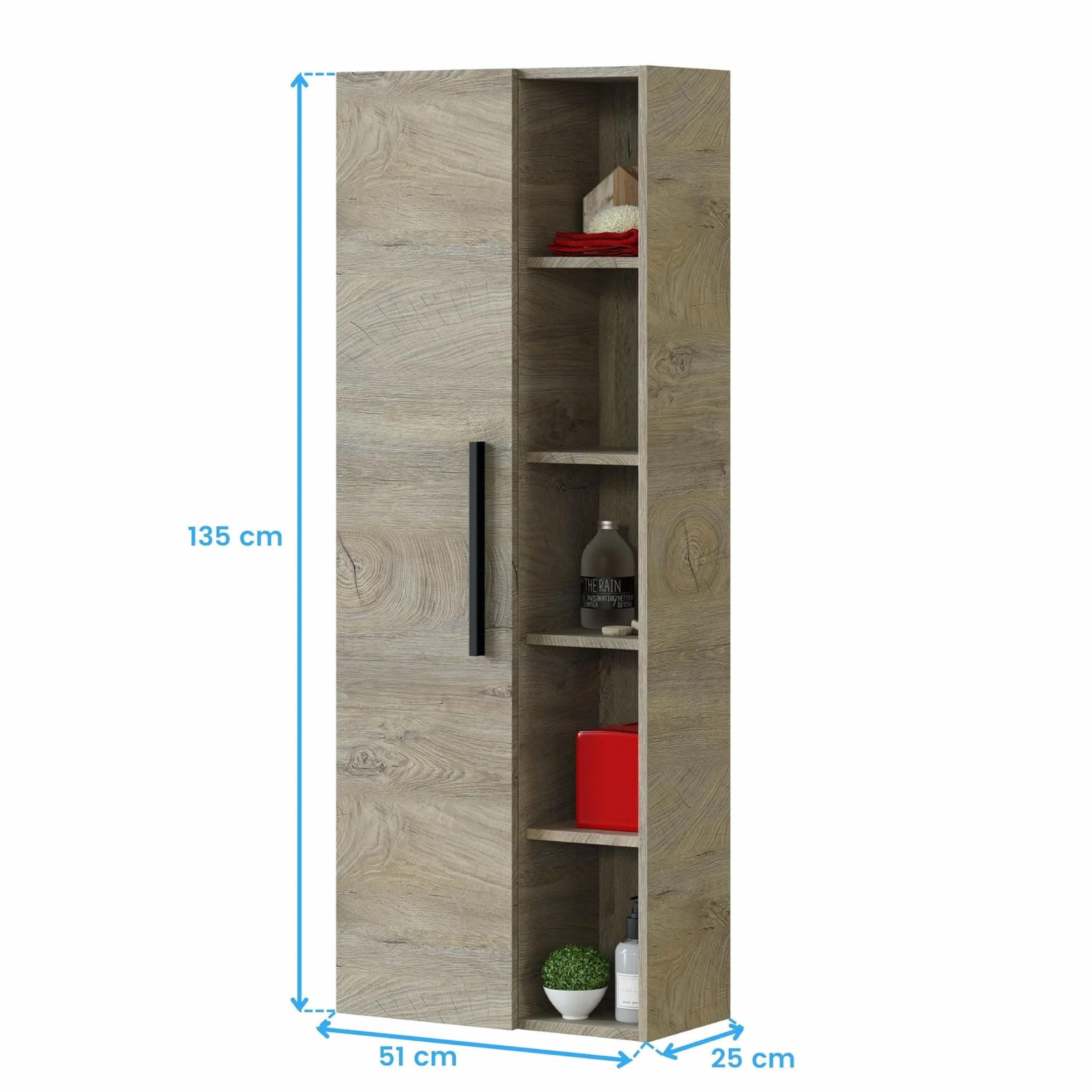 ARKITMOBEL - Columna de Baño Suspendida Grande con 1 Puerta y 7 Estantes, Armario Auxiliar para Baño, Color Roble Alaska, 135x51x25 cm - Modelo Athena