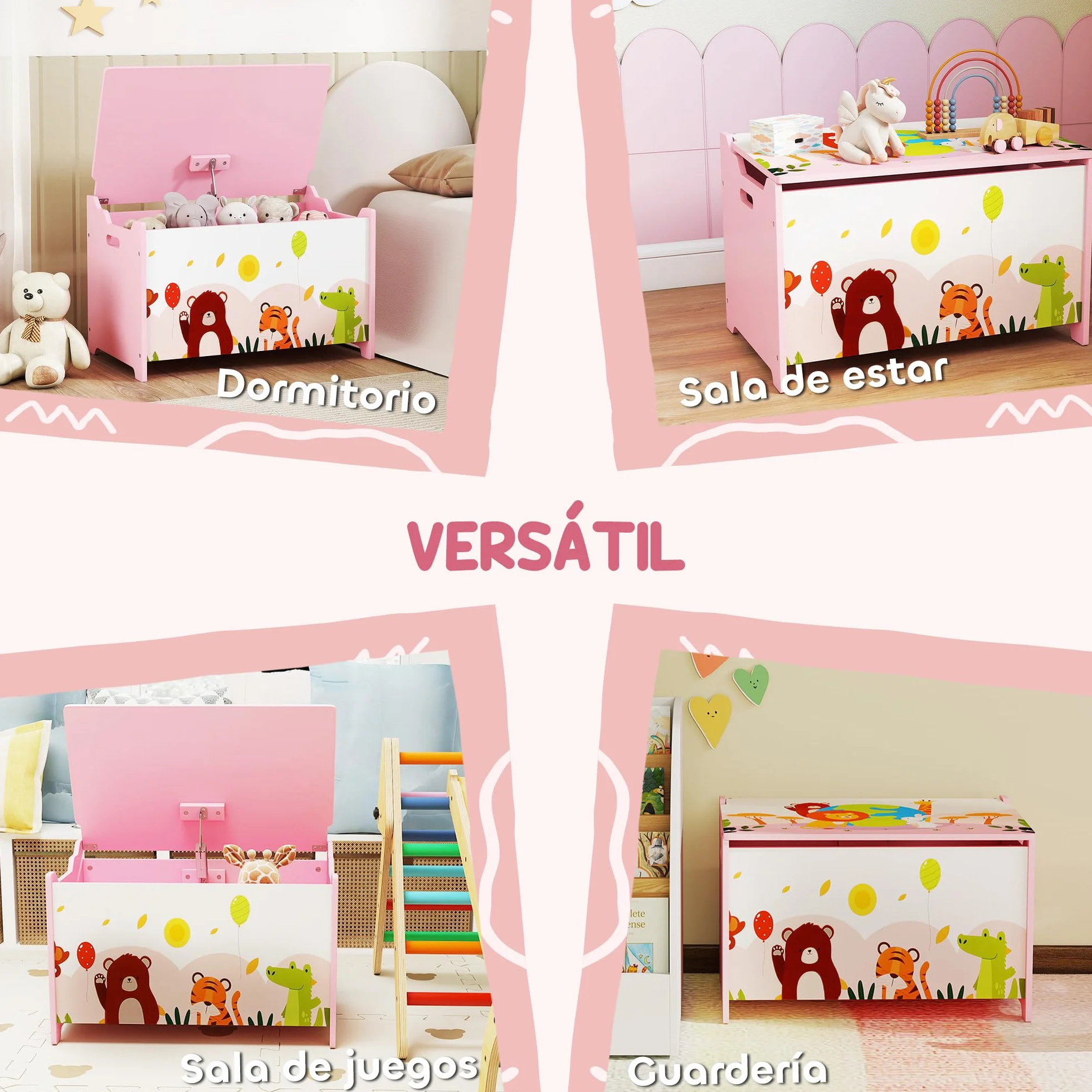 AIYAPLAY Caja de Almacenaje de Juguetes, Baúl Juguetes Infantil, Tapa Abatible con Cierre Suave, Asas, Estampados de Animales, para Libros, Ropa en Dormitorio, Sala de juegos, Guardería, Rosa
