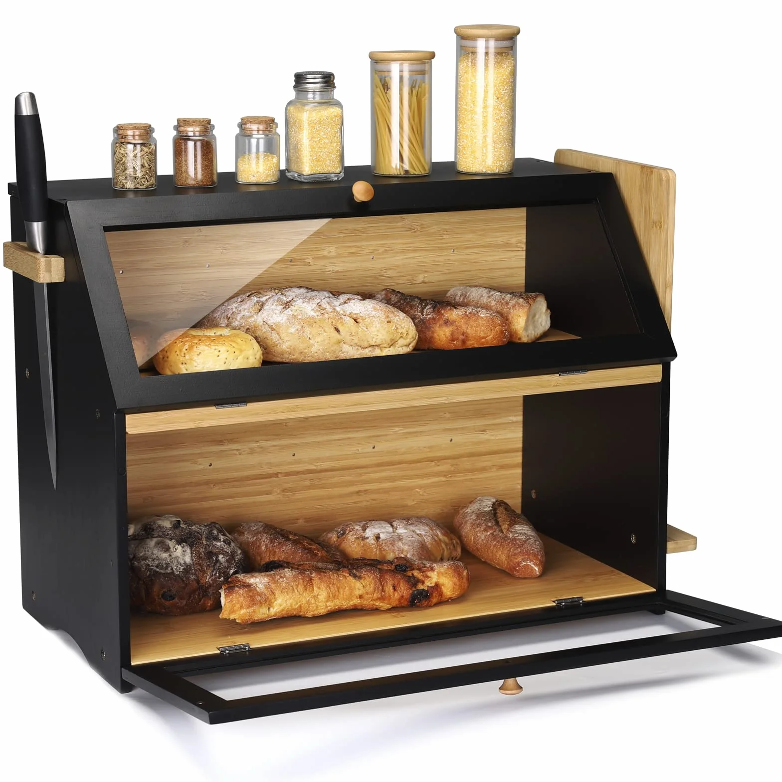 Leader Accessories Caja de Pan de Bambú de 2 Niveles, Recipiente de Pan con Tapa Frontal de Solapa, Botellas de Verduras y Especias del Gabinete de Pan, etc., 50 * 37 * 25 cm, Negro