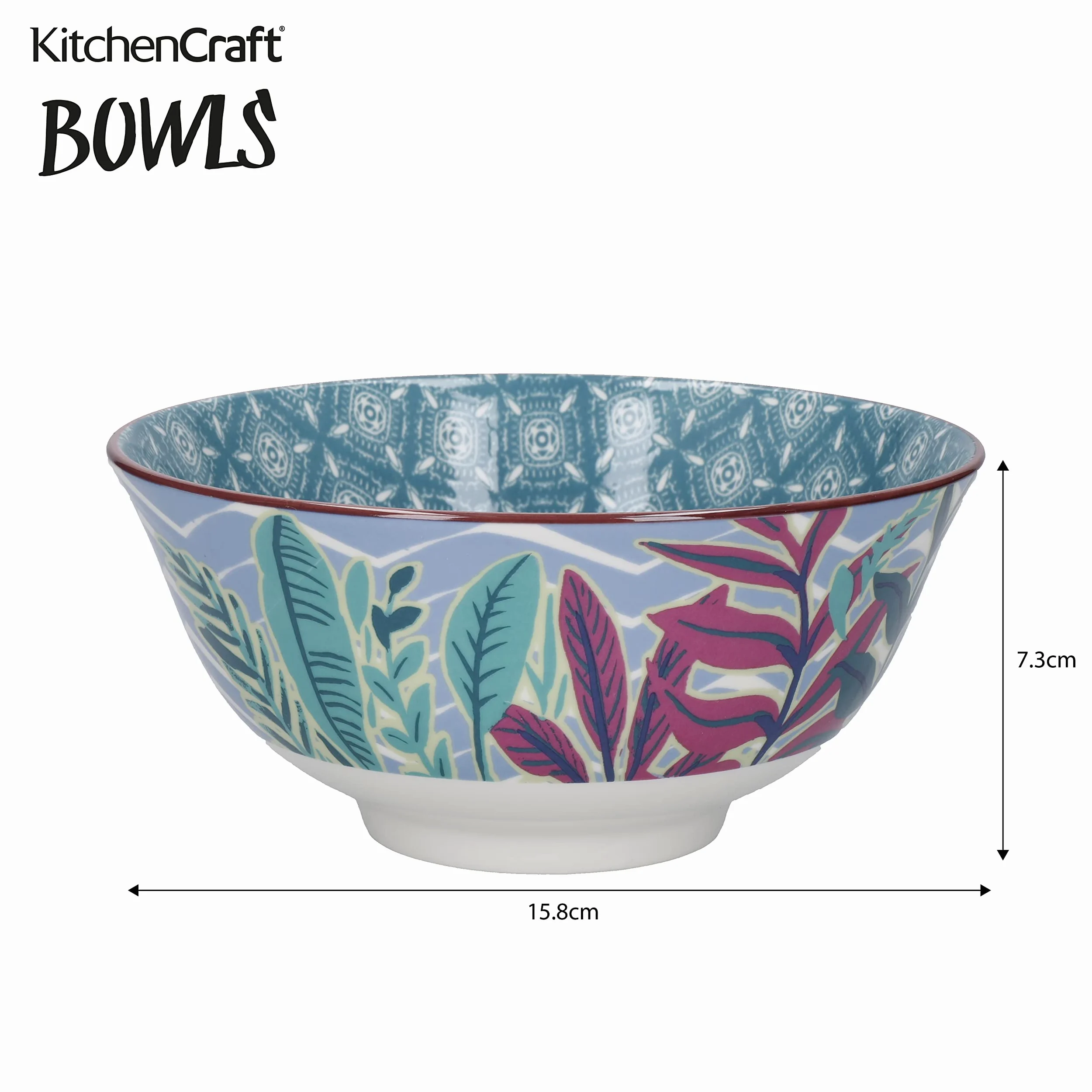 KitchenCraft Juego de 4 cuencos de gres esmaltado, Exótico, 15,5 x 7,5 cm, Caja de regalo,Azul,verde,rosa