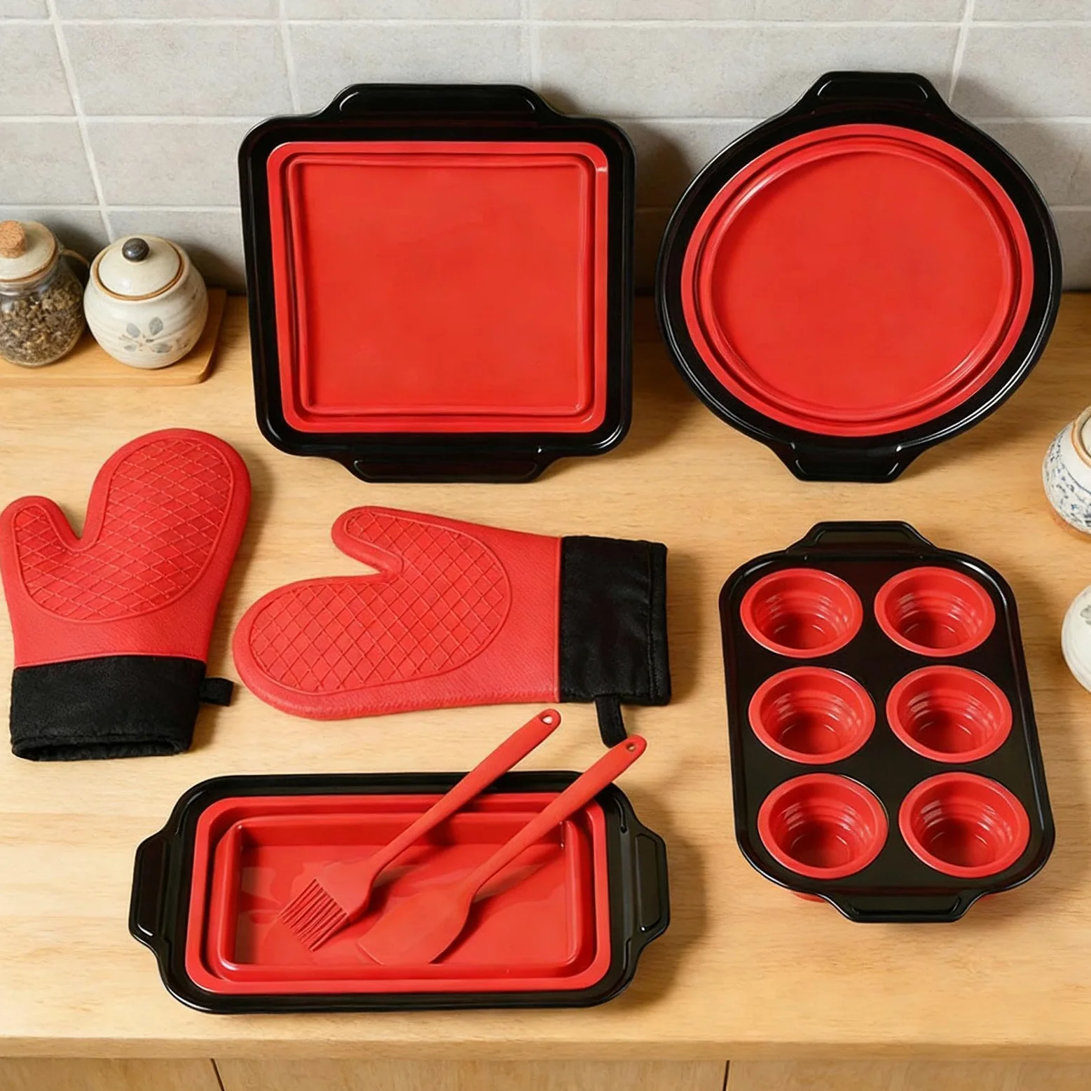 Juego de Moldes de Silicona para Hornear apilable y apto al lavavajillas | Con manoplas, rascador y cepillo, set con molde de silicona de horneado Para pan, galletas, huevos, horno, tostadora