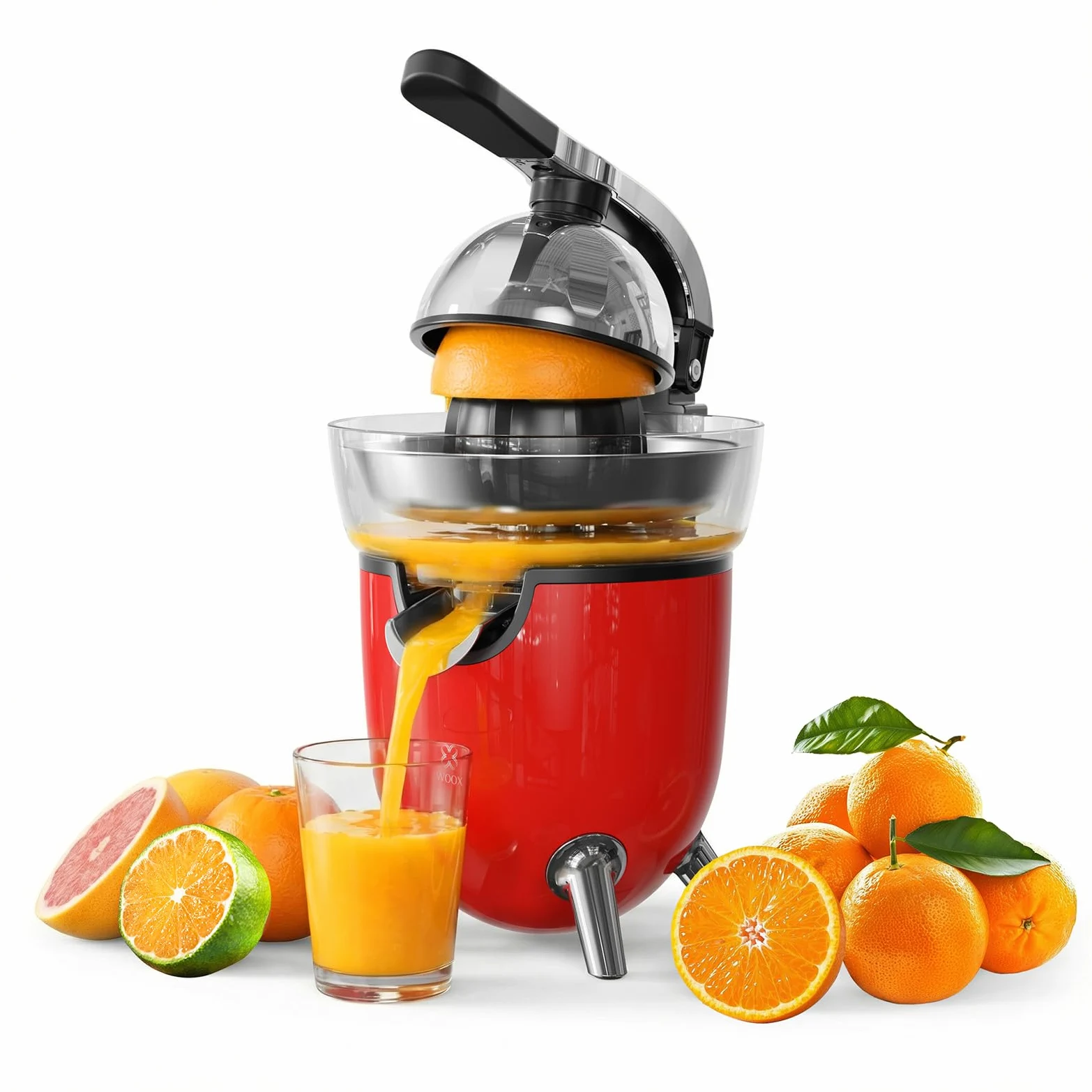 Woox Exprimidor de Naranjas Electrico, con Brazo de Palanca, 100W, Exprimidor Electrico Silencioso con 2 Conos para Limones y Pomelos, Boquilla Antigoteo, Sin BPA, Desmontable y Fácil de Limpiar