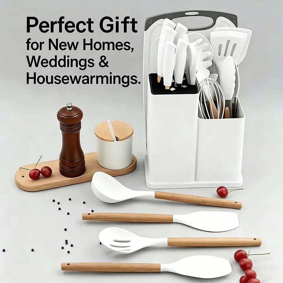 Juego De 19 Utensilios De Cocina De Silicona con Cuchillos De Acero Inoxidable Y Soporte De Almacenamiento; Kit De Herramientas De Cocina Antiadherentes con Mangos De Madera Black