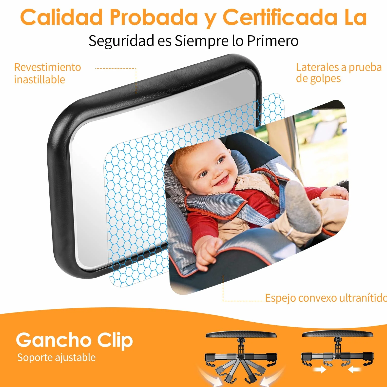 Espejo Retrovisor de Bebé con LED, Espejo Coche Bebé Asiento Trasero 100% a Prueba de Roturas Luz LED Espejo Retrovisor Coche Bebé 360° Giratorio con Clip de Gancho y Mandos a Distancia