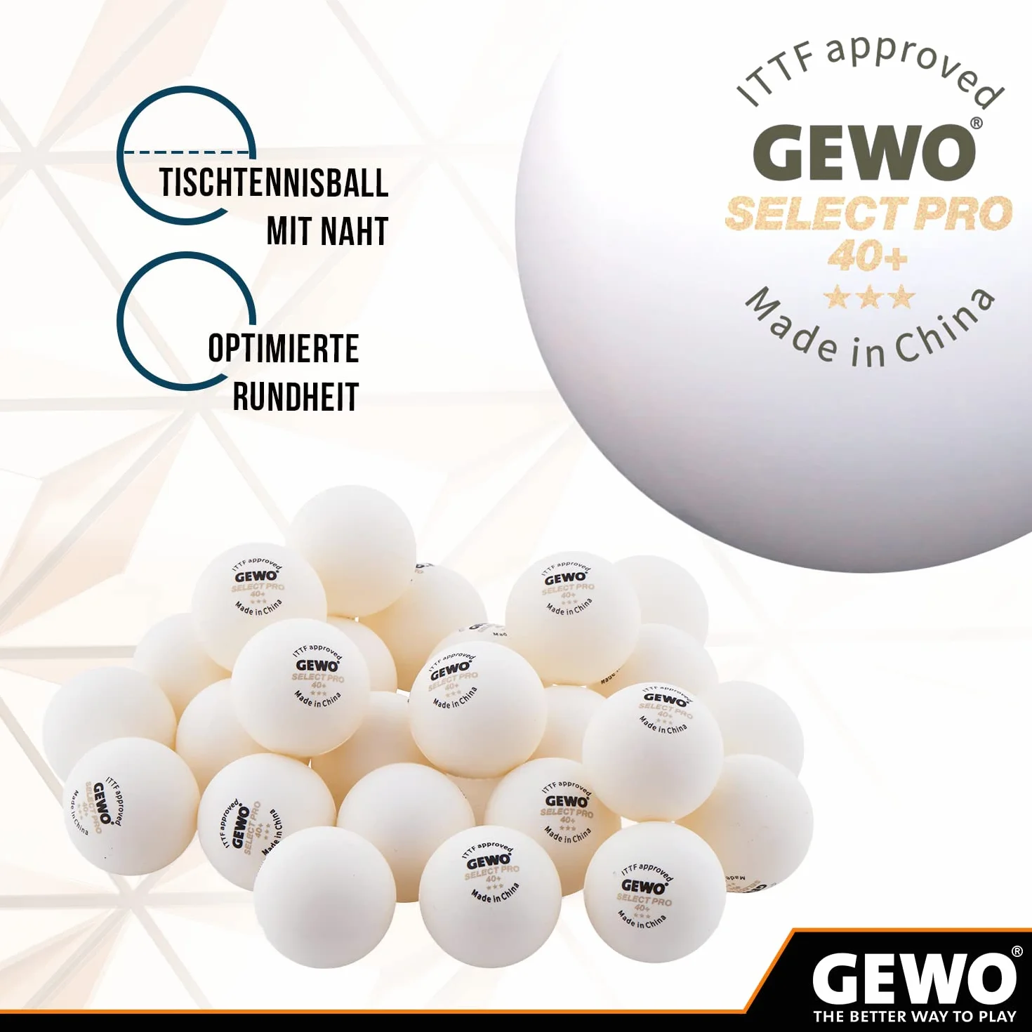 GEWO Select Pro Pelotas de Ping Pong de Mesa 3 Estrellas 40+ ITTF 40 mm Blanco 6 Unidades