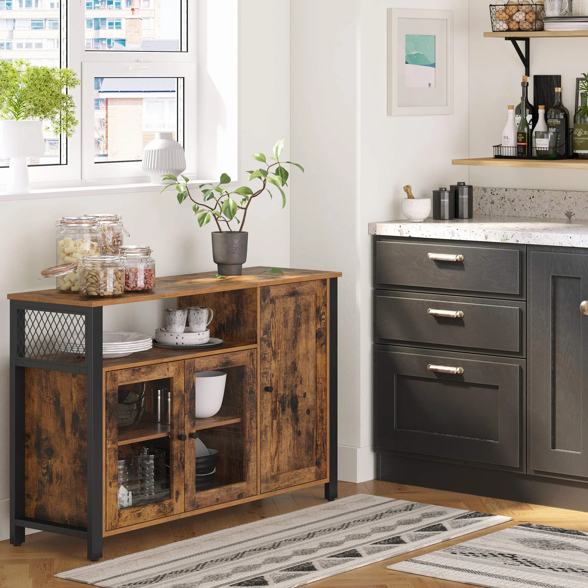 VASAGLE Aparador, Armario de Cocina, Armario de Almacenaje, con 3 Puertas, para Salón, Cocina, Comedor, 33 x 110 x 75 cm, Estilo Casa de Campo, Marrón Rústico y Negro LSC096B01