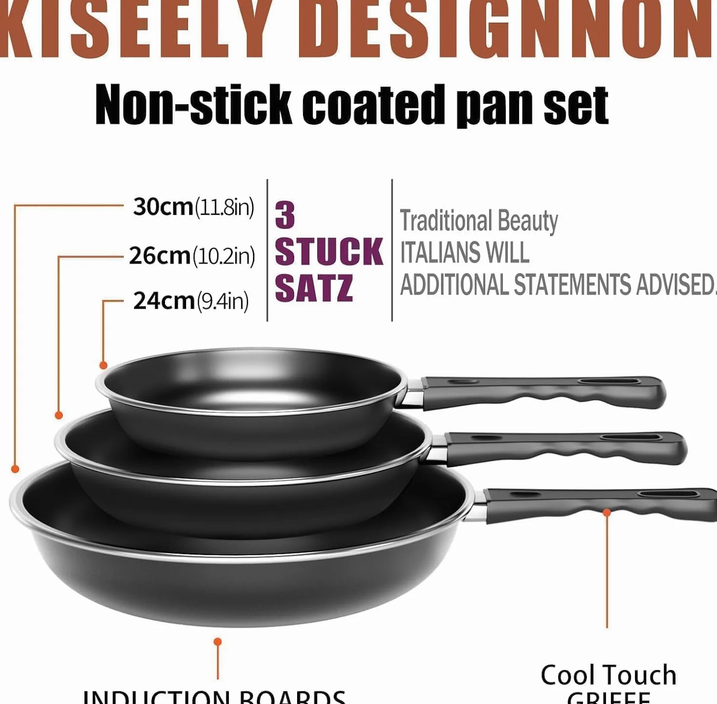 Kiseely Juego de sartenes antiadherentes de 24cm, 26cm y 30 cm (3 piezas), resistentes al calor, sin PFAS, aptas para todo tipo de cocinas, incluida la inducción (AG1)