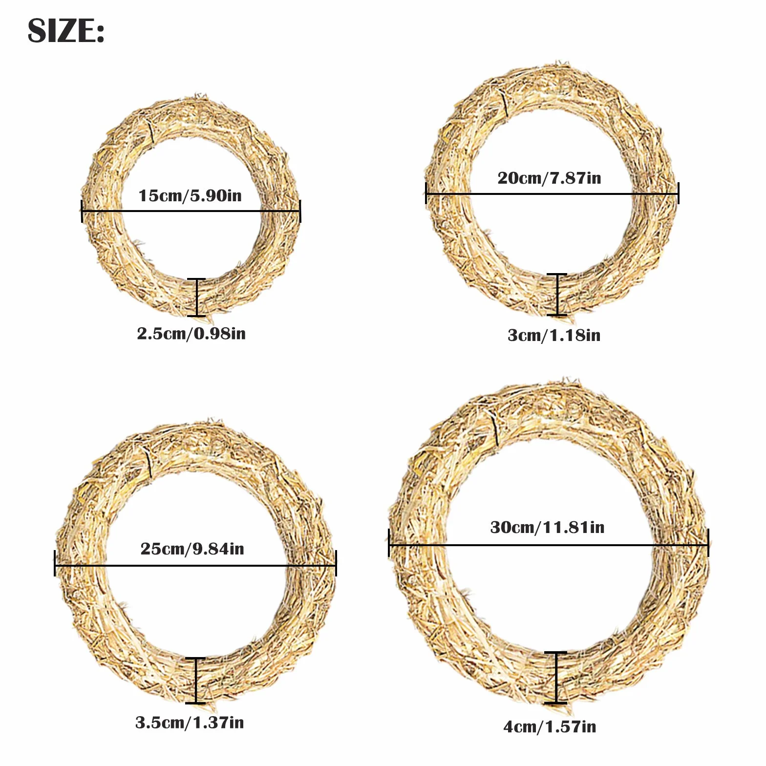 Ltsbead Corona de Paja para Puerta Corona de Paja Natural Coronas de Paja en Decoración para Colgante de Adorno para Puerta Pared (Ø 15 cm/2.5 cm Ø 20 cm/3 cm Ø 25 cm/3.5 cm Ø 30cm/3.5 cm) 4 Piezas