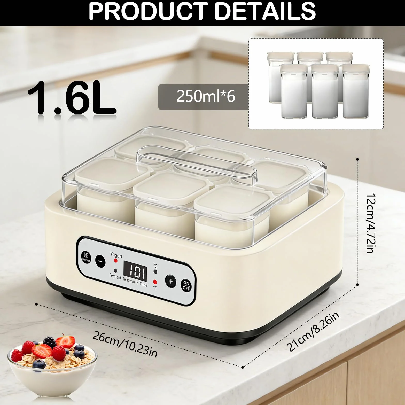 Yogurtera, Máquina para Hacer Yogur de 1,6 L con 6 Tarros de 250 ml Yogurtera con Temporizador de 1 a 99 Horas Control de Temperatura de 21 a 48 °C y Pantalla LCD para Yogur Natto y Vino de Arroz