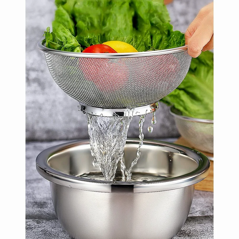 Colador De Acero Inoxidable De Malla Fina, Verduras De Frutas Cesta De Almacenamiento De Drenaje, 18 Cm / 20cm / 22 Cm / 33cm Canasta De Drenaje De Cocina Arroz Lavar El Colador (Color : 24cm Set (me