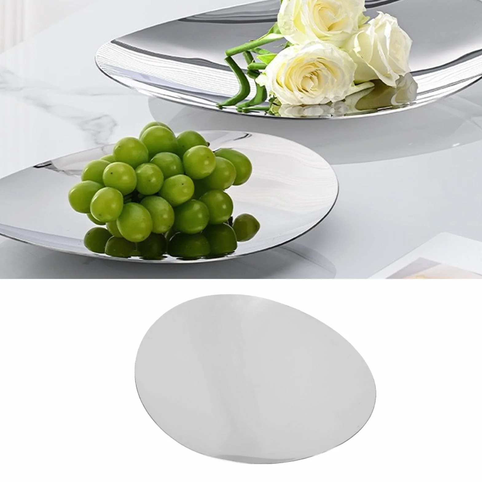 Bandeja para Servir Plateada, Bandeja para Servir de Acero Inoxidable con Acabado Pulido Espejo de Primera Calidad, Decorativa para Mesa de Centro con Tapete Antideslizante para Joyería, (S)
