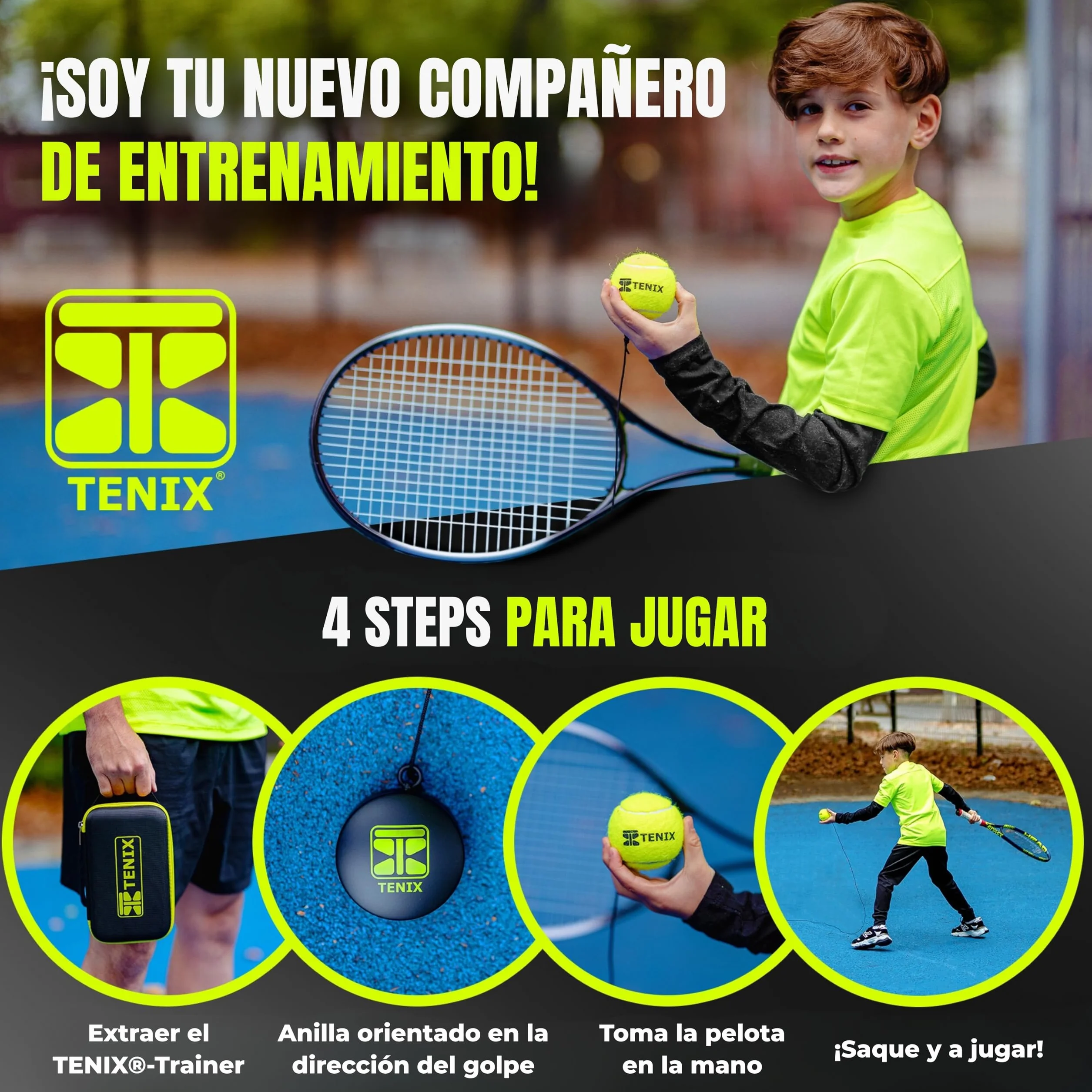 TENIX® Entrenador Padel/Tennis [con Base de Acero Inoxidable] Juego Individual para niños y Adultos | Entrenamiento en el Patio, el Parque o la Pista | ¡Tu Entrenador, Siempre contigo!