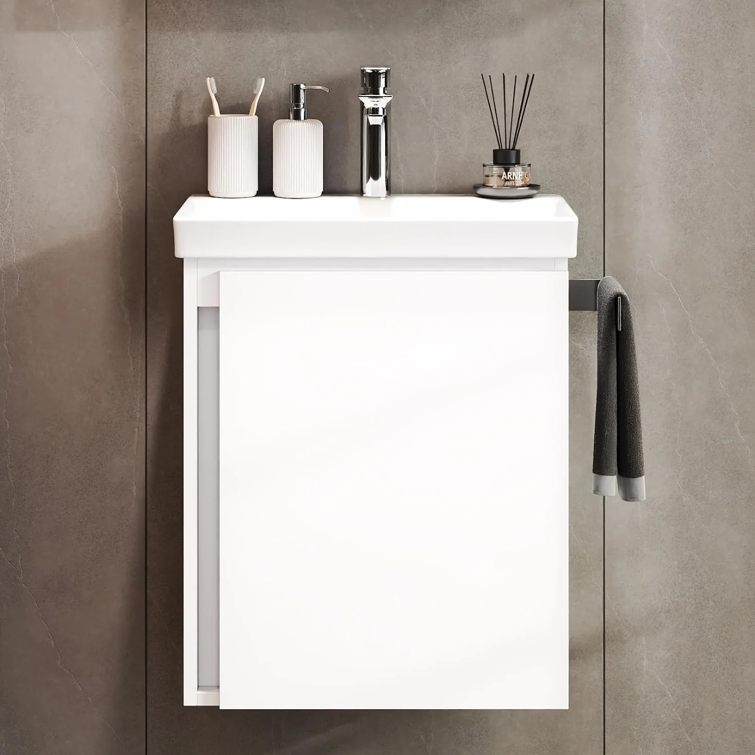 Planetmöbel Lavabo con Mueble 50 cm, Armario bajo Colgante, Cierre amortiguado, Juego de Muebles de baño, Blanco | Armario para lavabo colgante, cierre suave, juego de muebles de baño con lavabo