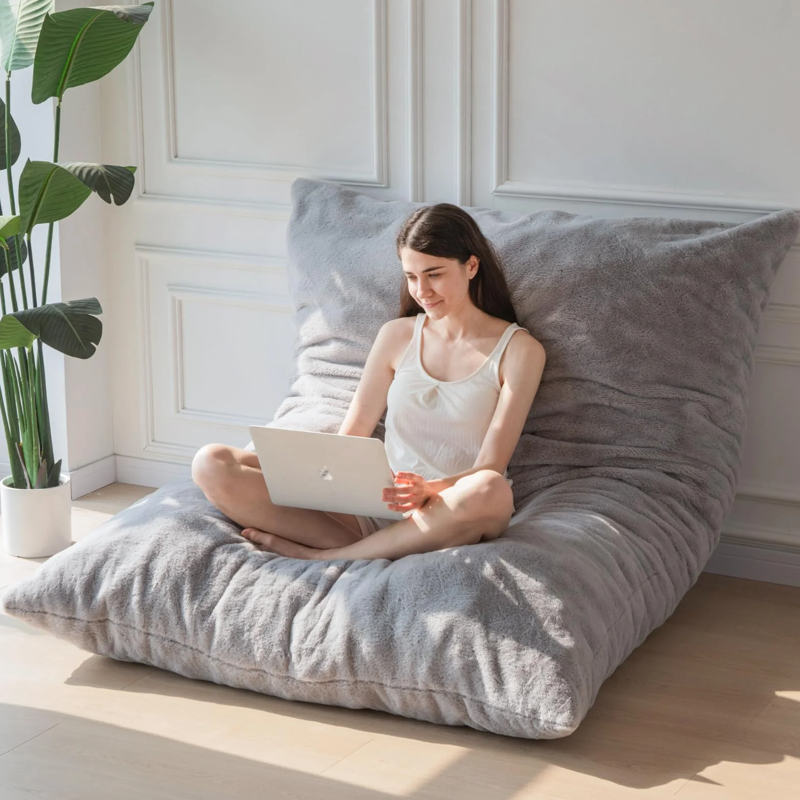 Maxyoyo Puf gigante convertible que se pliega de puf a cama, sofá grande con funda de felpa y relleno mullido incluido para adultos, parejas, invitados, color gris, doble
