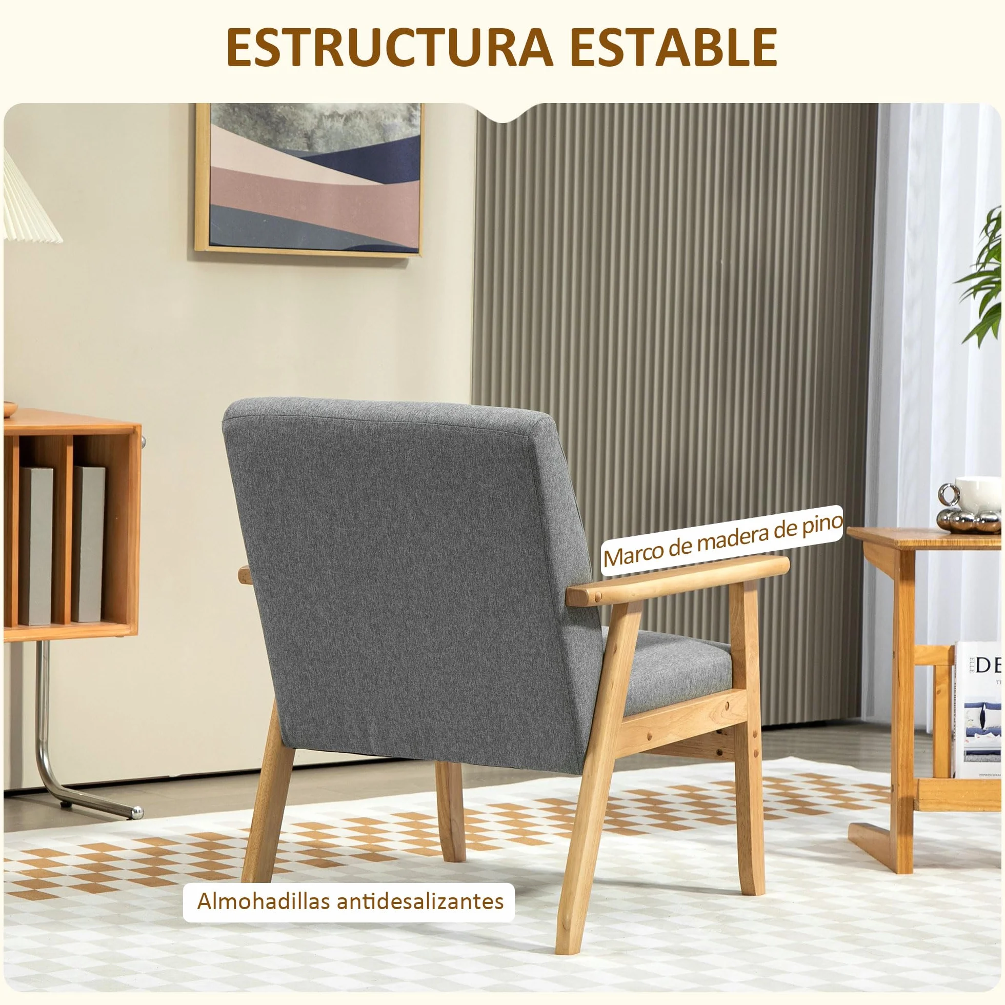 HOMCOM Sillón Individual Sofá Individual Tapizado en Lino con Reposabrazos de Madera Respaldo Acolchado Carga 130 kg Sillón para Salón Dormitorio Gris Claro
