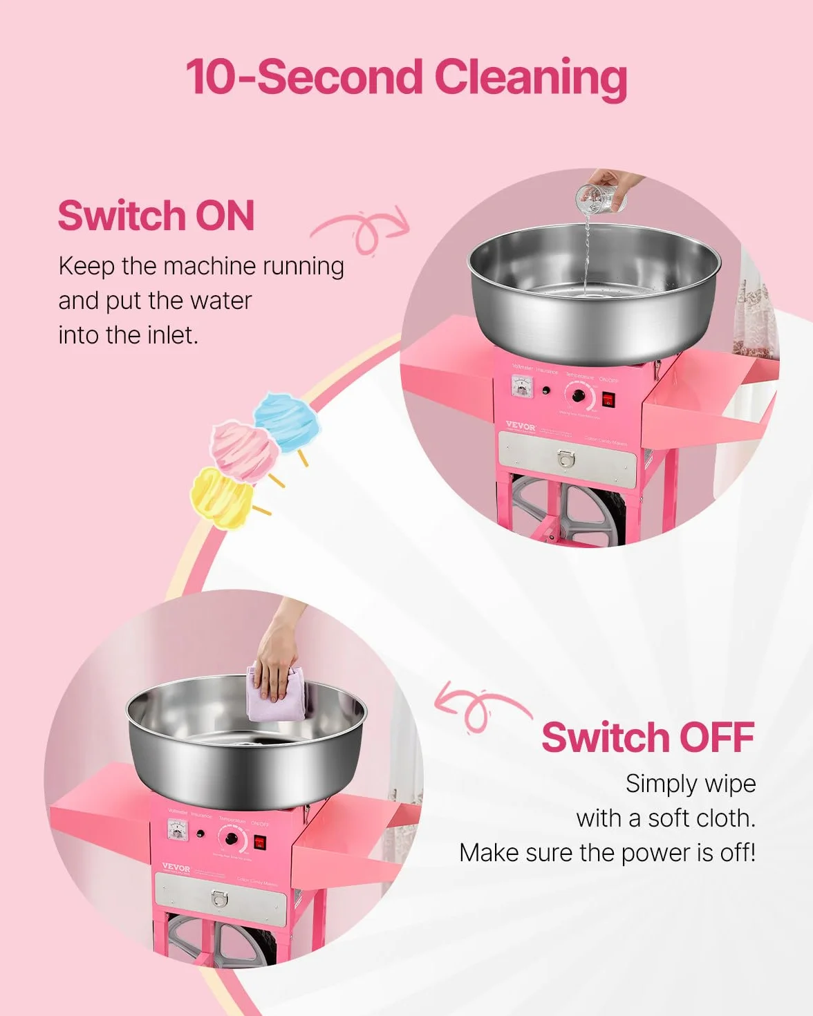 VEVOR Máquina Eléctrica de Algodón de Azúcar con Carro, 1000 W, con Recipiente de Acero Inoxidable de 52 cm, con Cuchara, para Hogar, Cumpleaños, Fiestas Familiares, Rosa, 819 x 520 x 855 mm