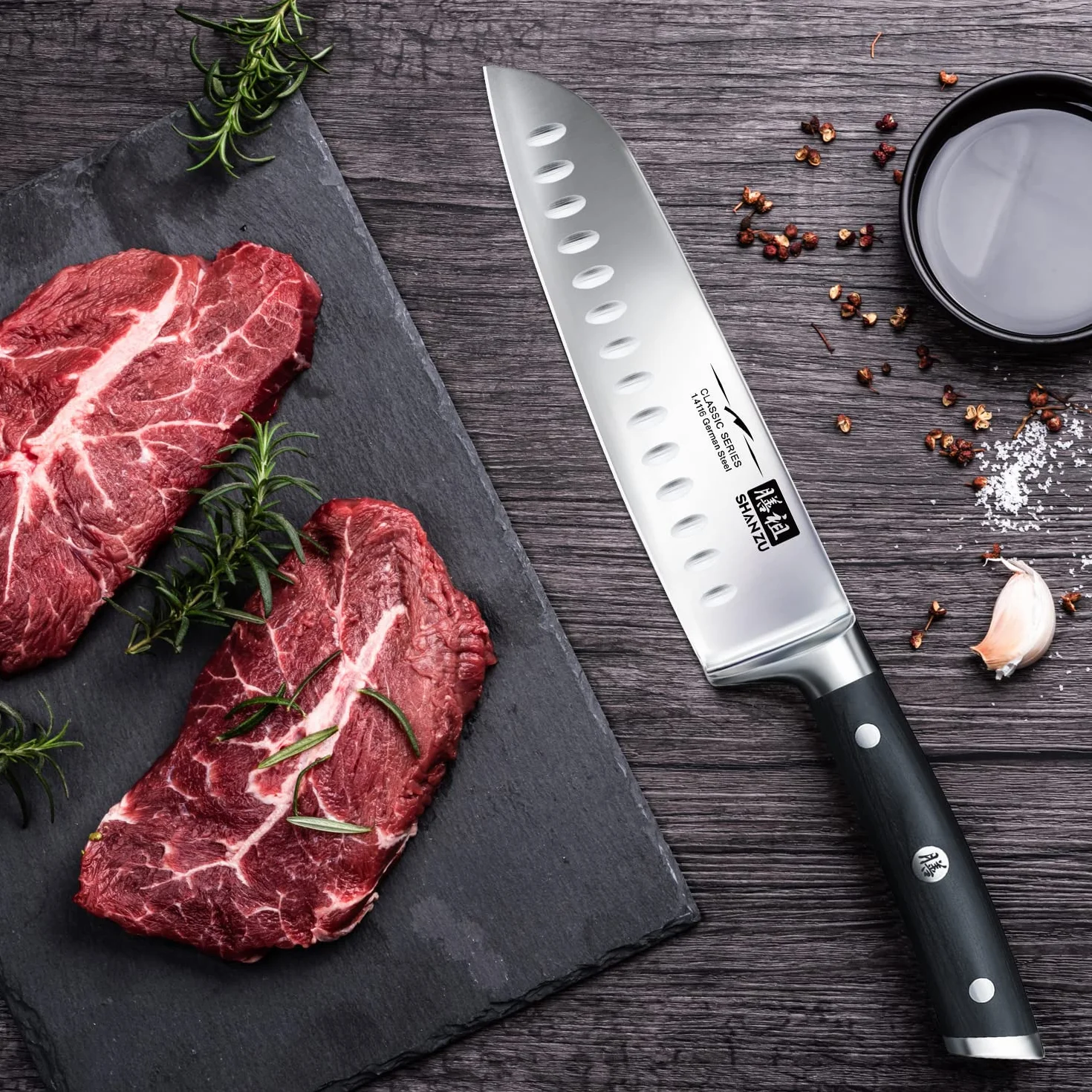 SHAN ZU Cuchillo Santoku Japones, Cuchillos de Cocina Profesionales 18cm, 7 ''Cuchillo Chef de Acero Inoxidable Alemán de Alto Carbono, Cuchillos Cocinero para Frutas, Verduras, Carne