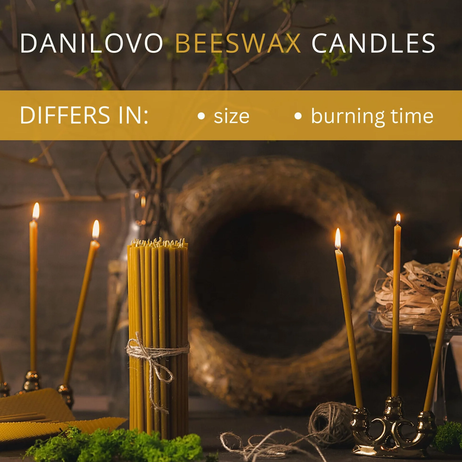 Danilovo 50 Velas de Cera Pura de Abejas - Velas Altas y Finas - Velas Decorativas para Oracion en la Iglesia, Decoración o Velas de Cumpleaños - 16 x 0,5 cm