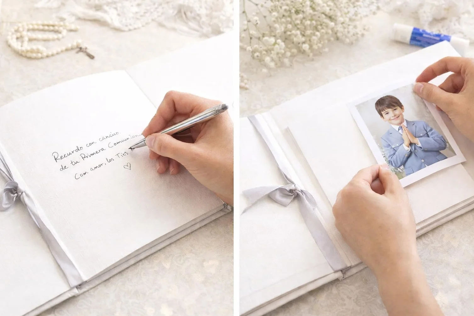 Libro de Firmas Comunión Niño – Álbum de Recuerdos con Portada Acolchada en Guaflex Blanco Elegante, Lazo Plateado, Papel 160 g, 64 Páginas, 27,5 x 23 cm – Presentación en Caja Transparente