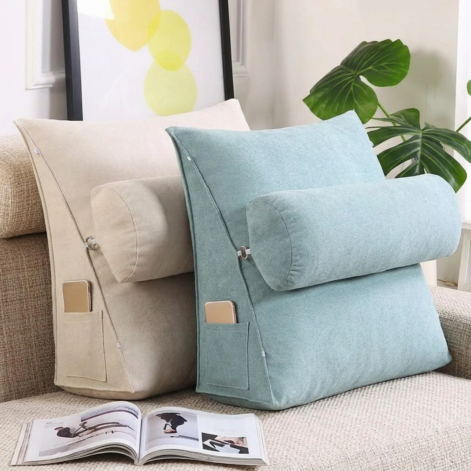 Cojín De Lectura para Cama Y Sofá, Respaldo para Cama Ergonómico En Cuña con Rodillo Regulable Y Bolsillos, Almohada De Soporte Lumbar para Leer Y Ver La TV,Smoke Gray,60X50X20CM
