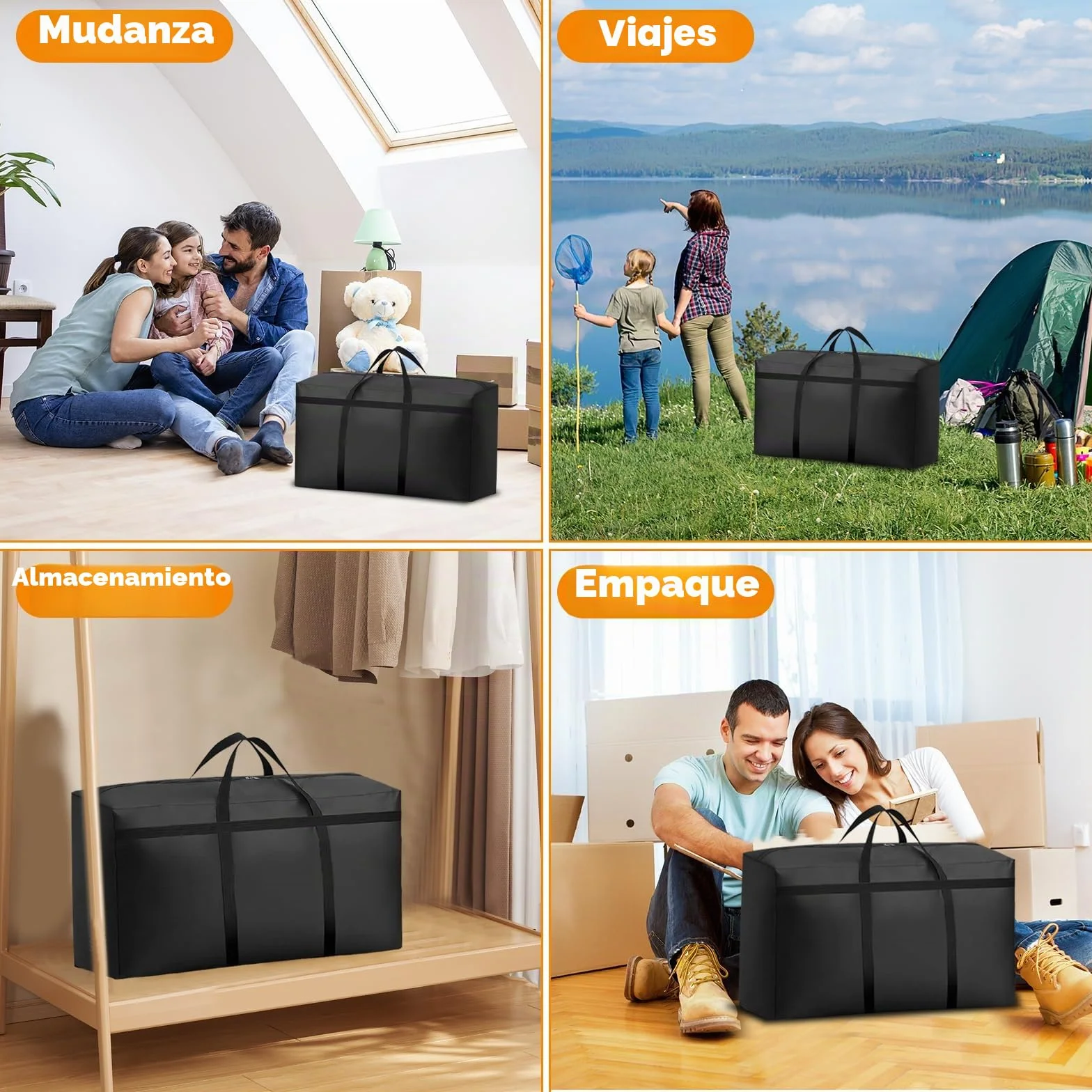 KOMABLEN 6 Piezas 100L Bolsas Almacenaje Ropa, 600D Oxford Impermeable Cajas para Guardar Ropa con Cremallera y Asa, Negro Plegable Bolsas Mudanza Grandes para Edredones, Mantas