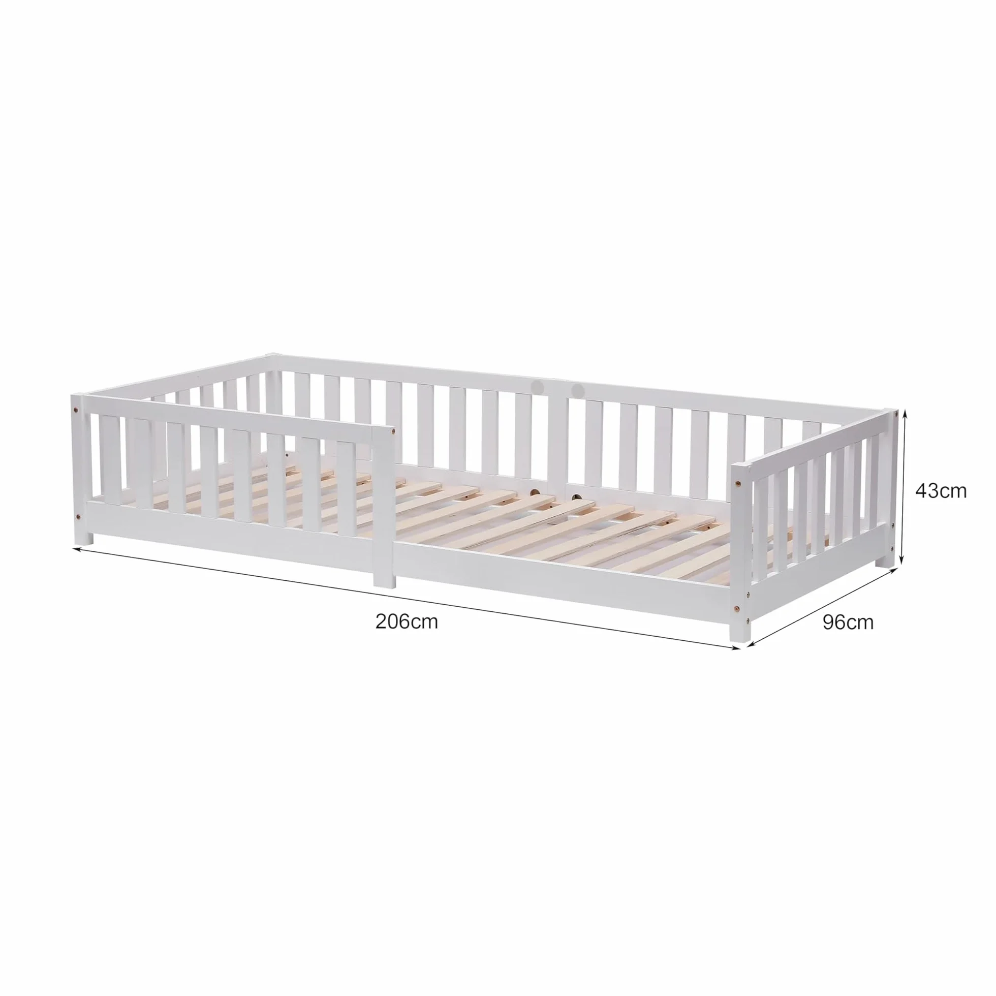 ecomi® Cama para niños 90x200 con protección contra caídas y somier, madera maciza de pino blanco
