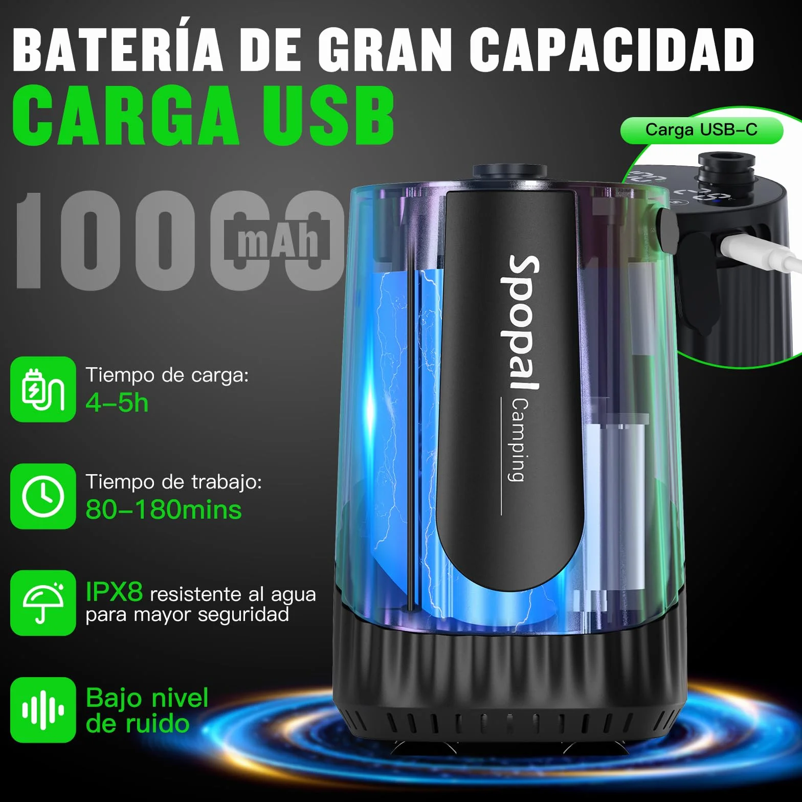 Spopal Ducha Portatil Camping 10000mAh Recargable con Cubo Plegable, Modo Doble Velocidad