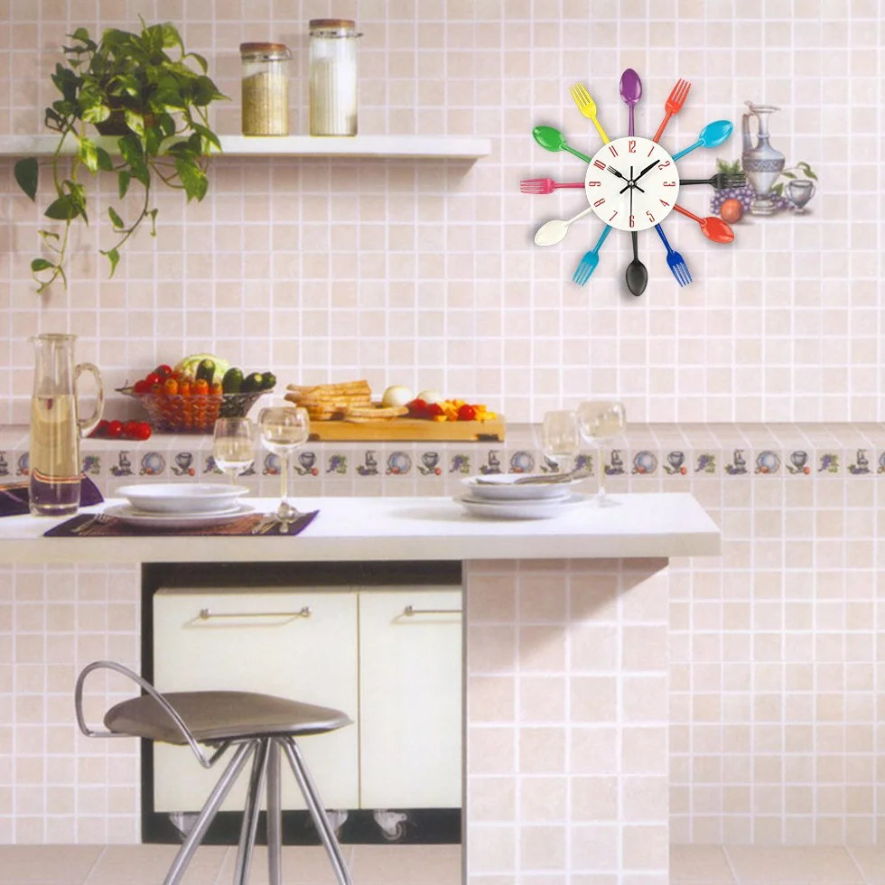 Reloj de cocina efecto espejo con diseño de cuchara, tenedor, cubertería, adhesivo extraible en 3D para decoración del hogar