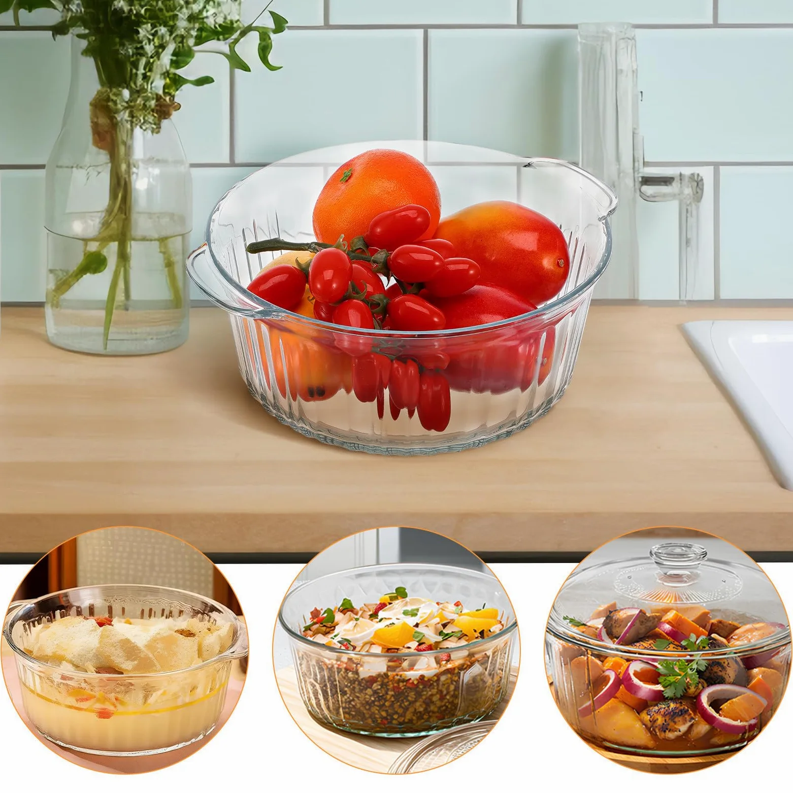 Zerodeko Cazuela de Vidrio Redonda 2, 4 L con Tapa de Acero Resistente | Transparente, Cocción Segura y Calor Uniforme, para Horno y Cocina, Pieza Estética de 2, 4 L