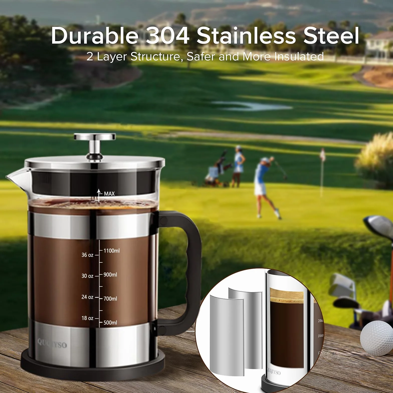 QUQIYSO Cafetera de prensa francesa de acero inoxidable 304 de 50 onzas con 4 filtros, resistente al calor, duradera, fácil de limpiar, prensa de café de vidrio de borosilicato, plateado