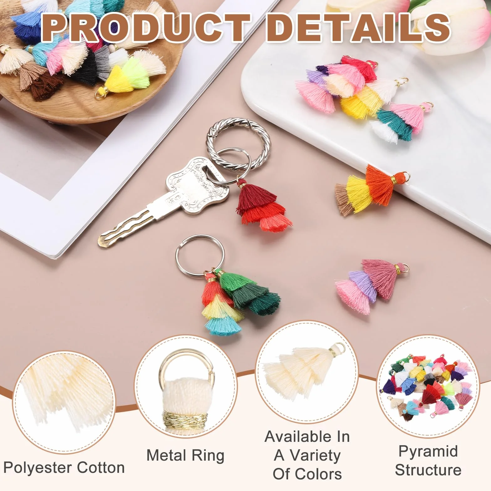 QUARKZMAN Borlas Miniaturas De Tres Capas 1.6" Multiples Niveles Bohemio Hecho A Mano Charm para Bolsa con Anillo para Hacer Aretes Llaveros Atrapasueños DIY Paquete De 25, Beige