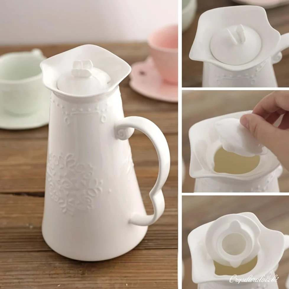 Jarra Jarra de agua cerámica porcelana grabada en relieve blanca 1,2 l | Hervidor de café for la ceremonia del té del café