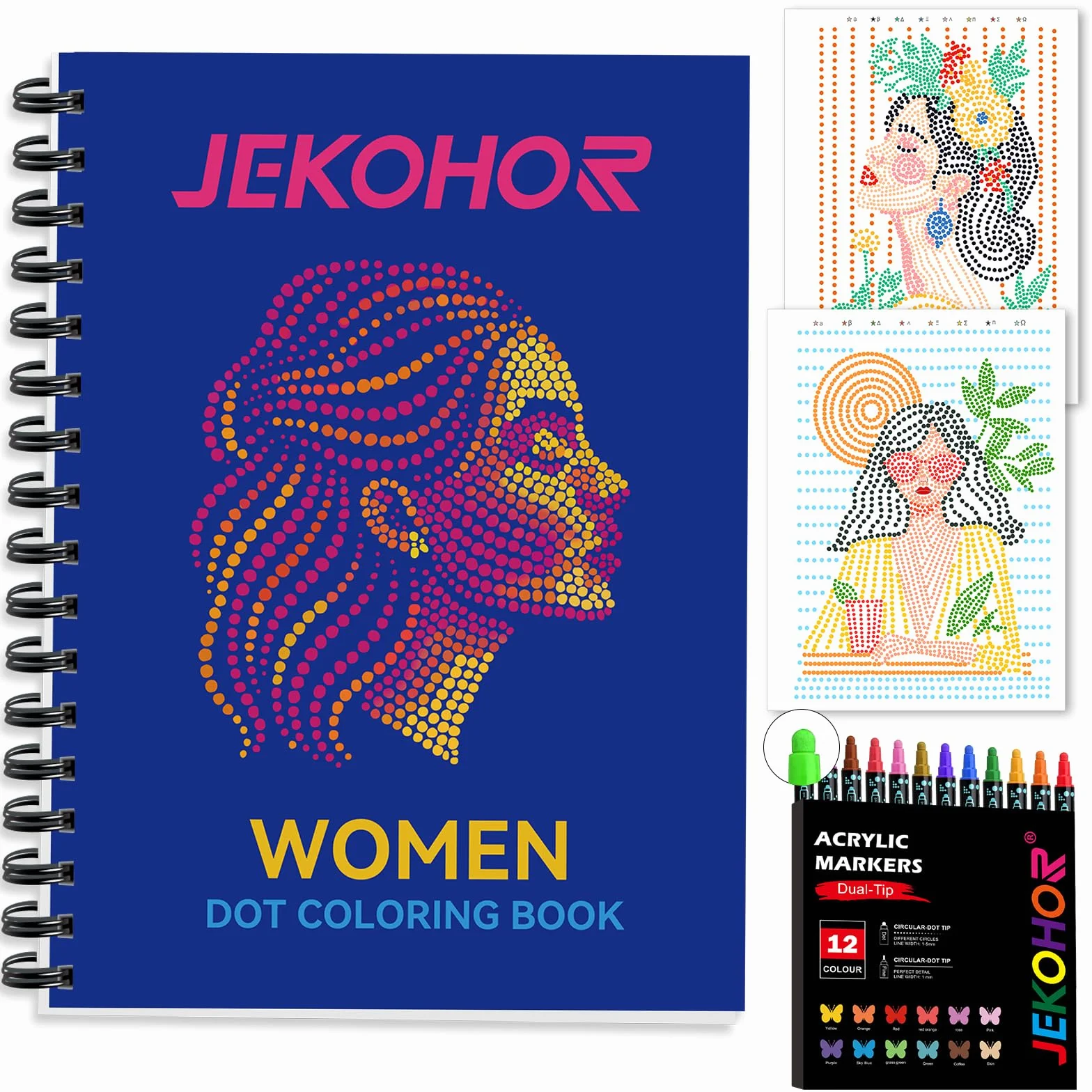 Libro para colorear para adultos para mujeres con 12 marcadores de doble punta, arte de puntos para adultos, libros para colorear para adultos con 30 patrones de punto por letra, relajación, regalos